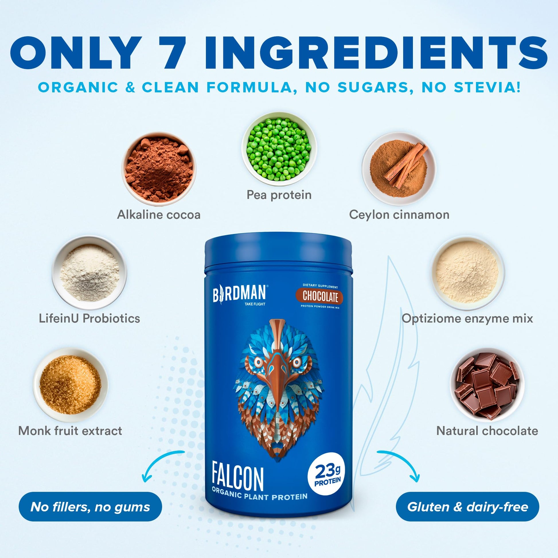 BIRDMAN Falcon Vegan Protein Powder Organic, Stevia & Sugar Free, Plant Based Protein - AB Mystery