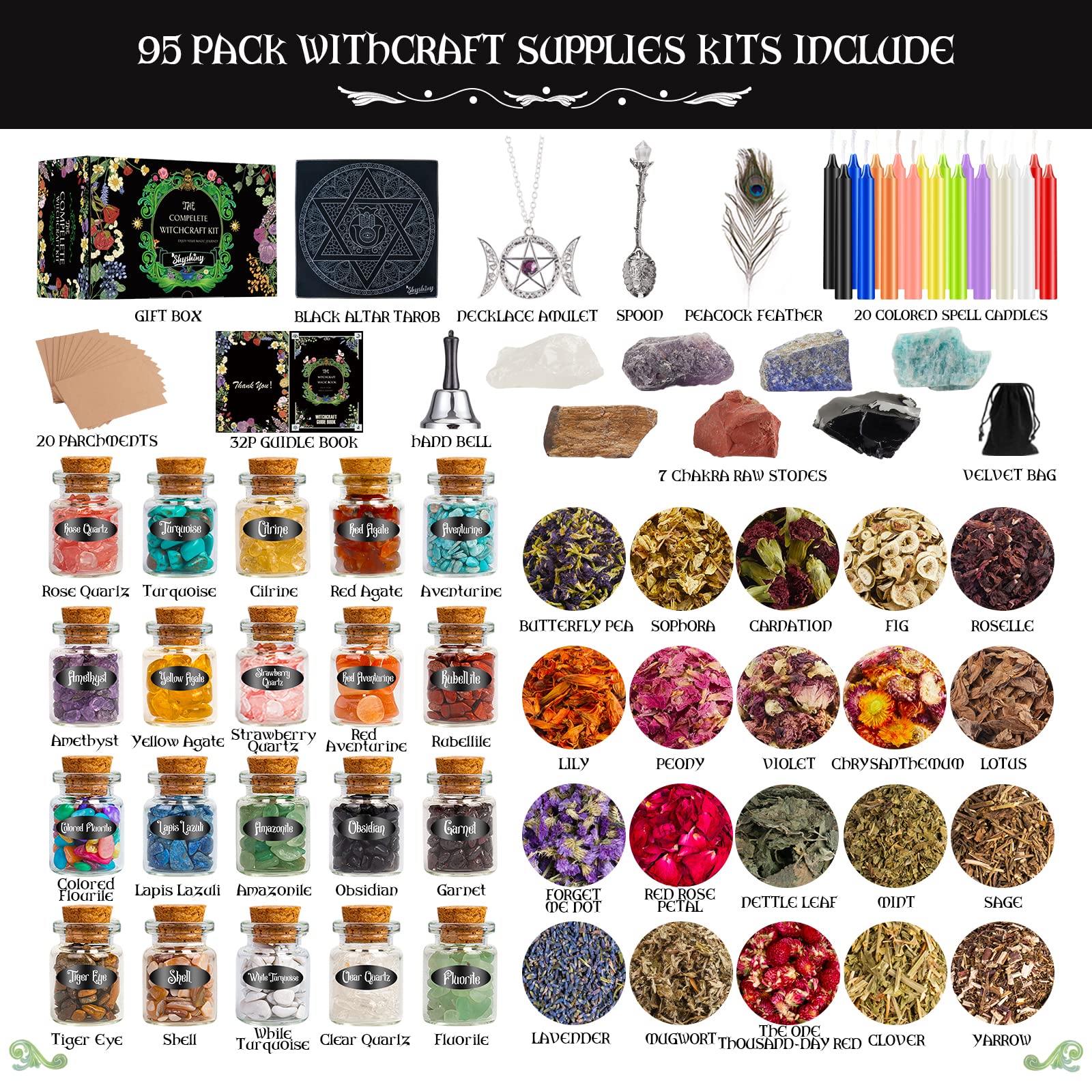SHYSHINY Witchcraft Supplies Kit for Wiccan Spells, 95 Pack of 7 Chakra Stones, Crystals, Dried Herbs - AB Mystery