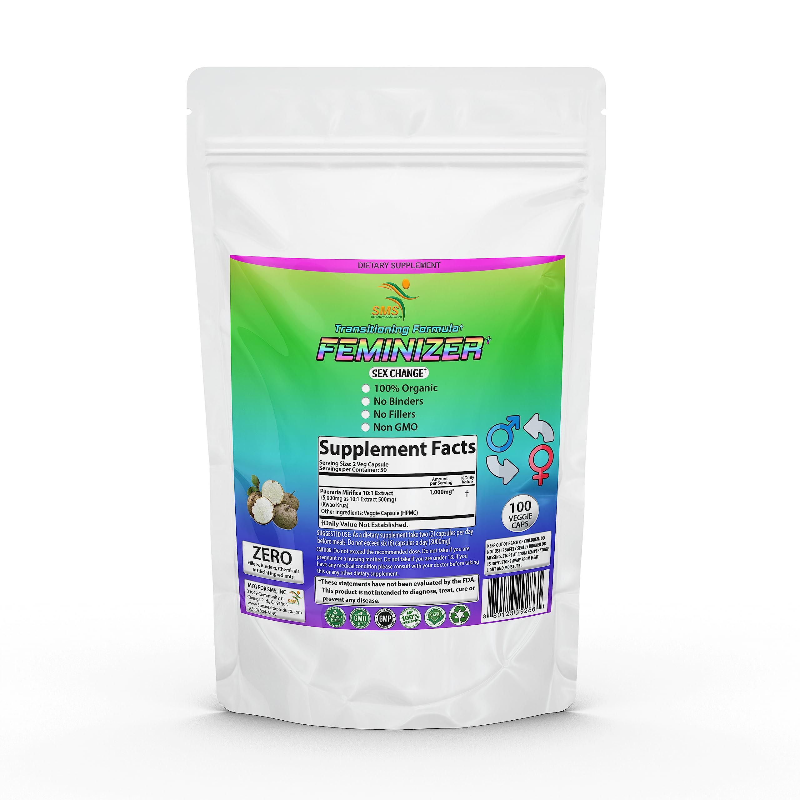 Feminizer Sex Change Pills by SMS, 100 Veggie Caps Pueraria Mirifica 1,000mg Pure