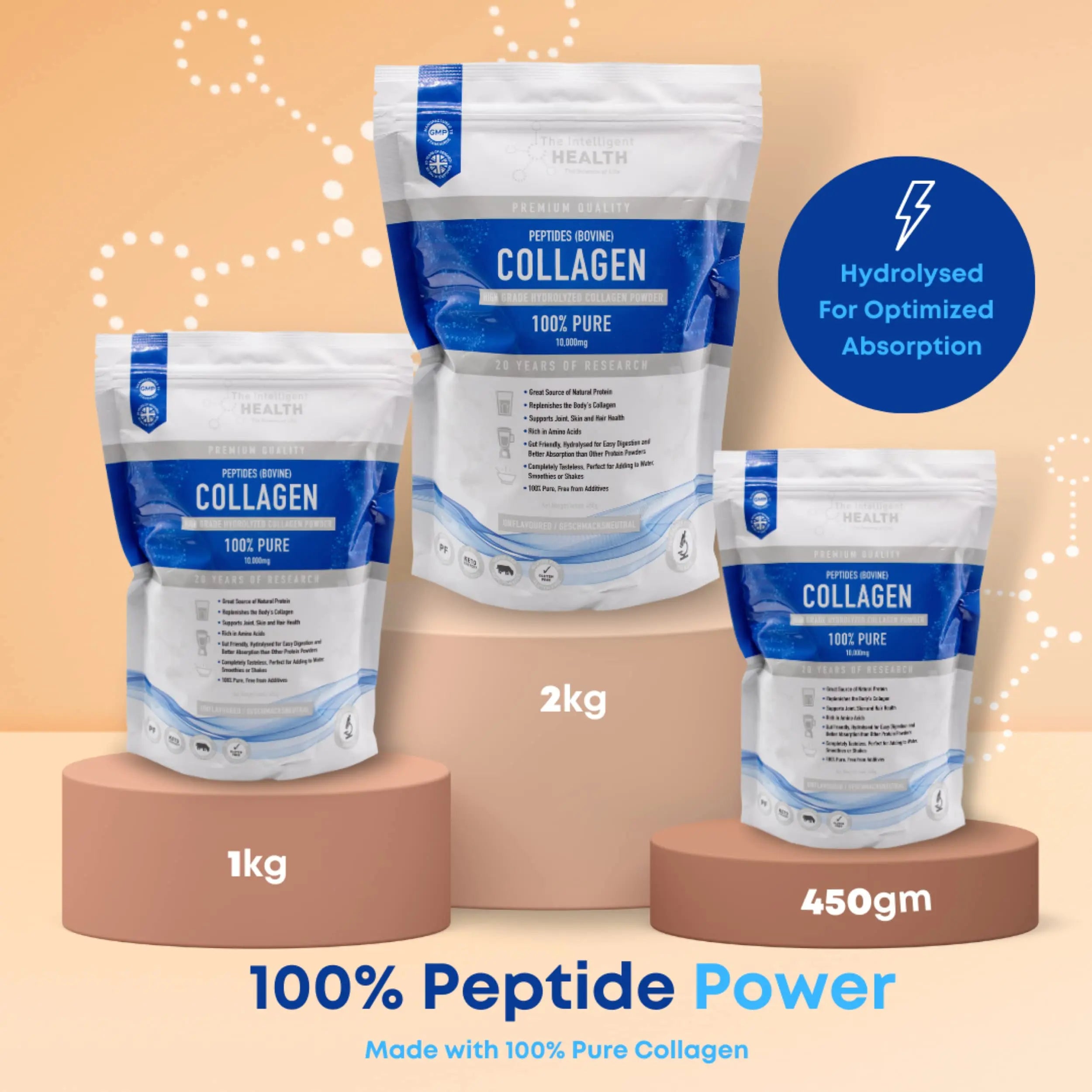 Hydrolysed Collagen Powder (Bovine) - High Protein Grass Fed Unflavoured Peptides The Intelligent Health