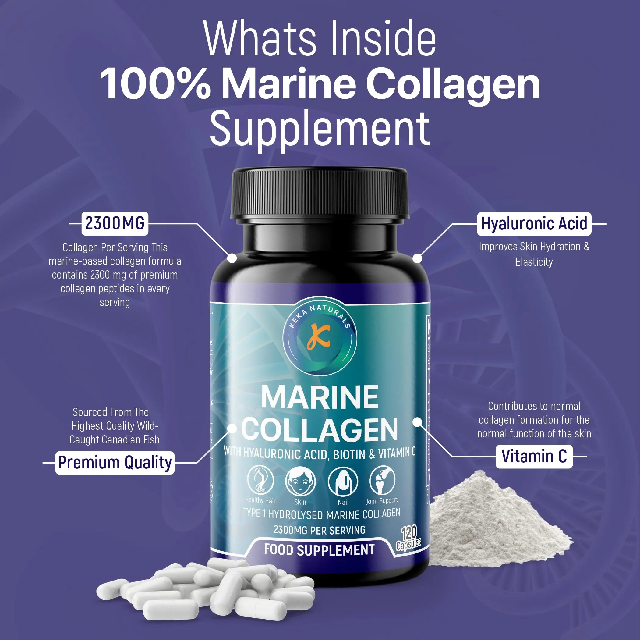 Hydrolysed Marine Collagen Peptides 2300mg - Enhanced with Hyaluronic Acid & Vitamin C - AB Mystery