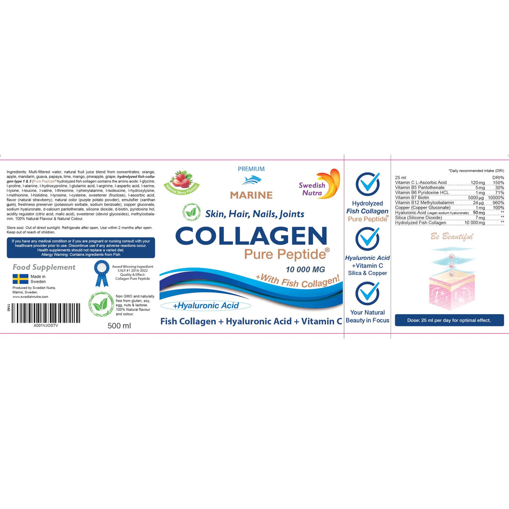 Marine Liquid Collagen 10000mg 500 ml I Pure Hydrolyzed Collagen Peptides Swedish Nutra
