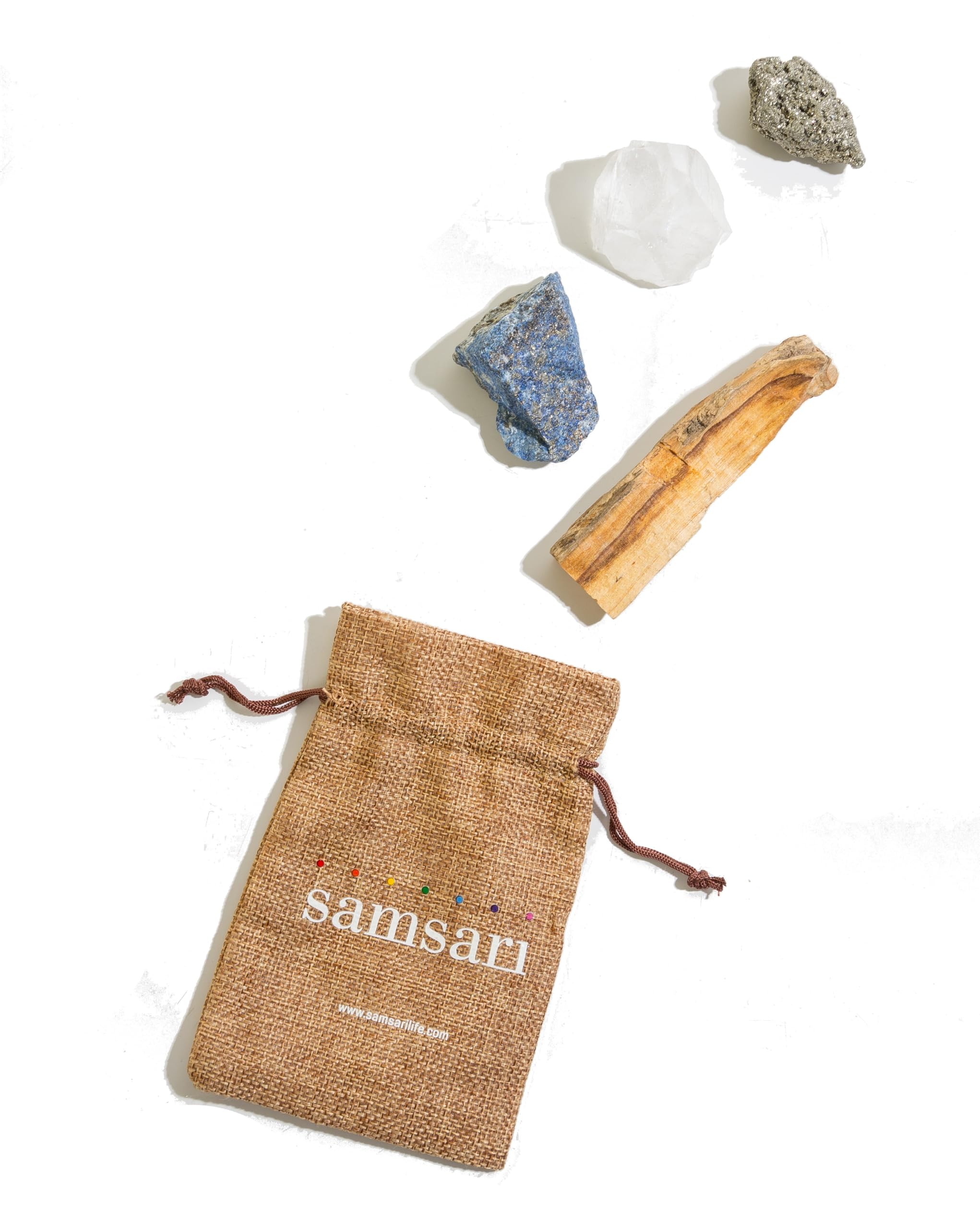 5PCS SAMSARI Abundance XL Crystals Healing Set - (Pyrite, Lapis Lazuli, Clear Quartz), 1 Palo Santo Stick - AB Mystery
