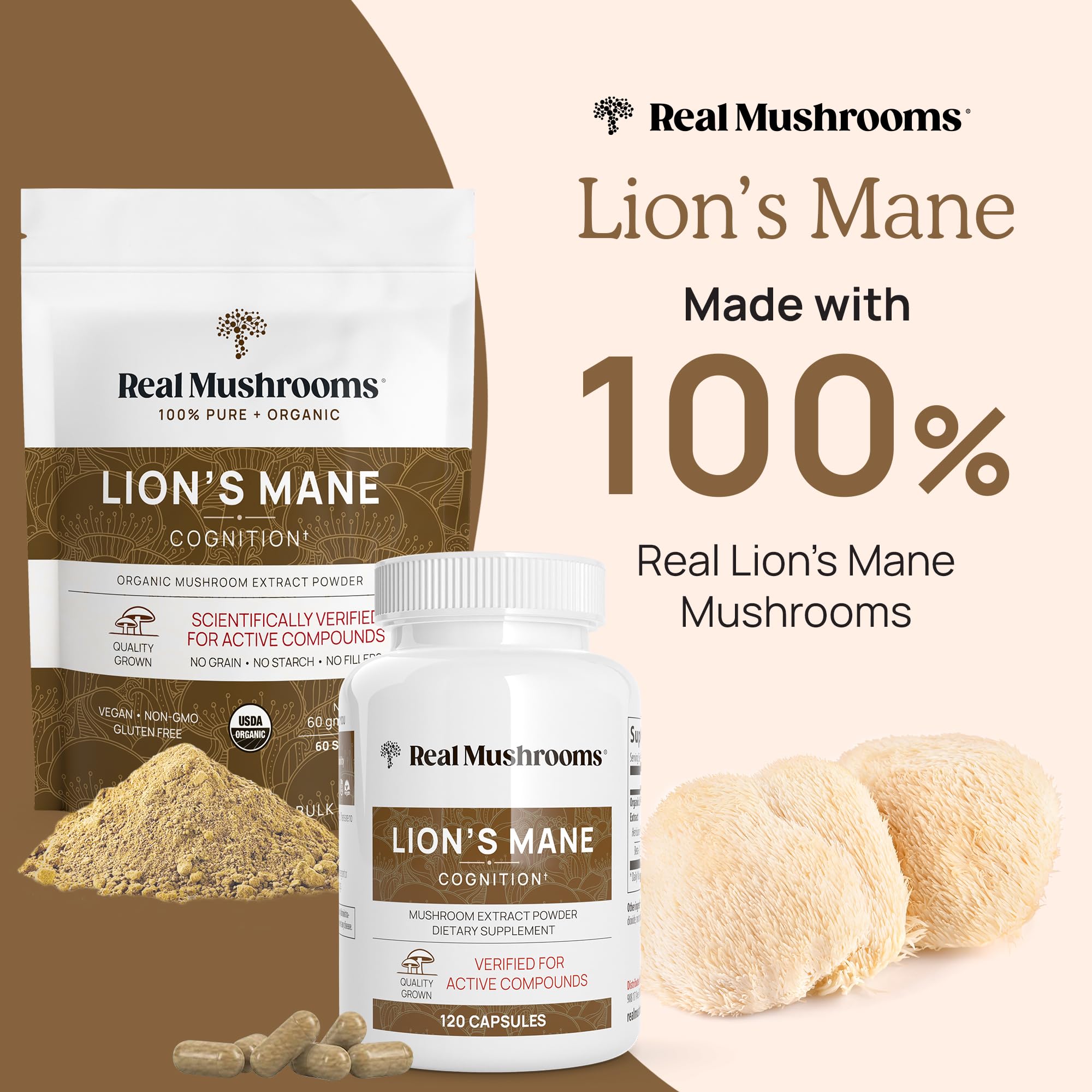 Real Mushrooms Lion’s Mane Powder - Organic Lions Mane Mushroom Extract - AB Mystery