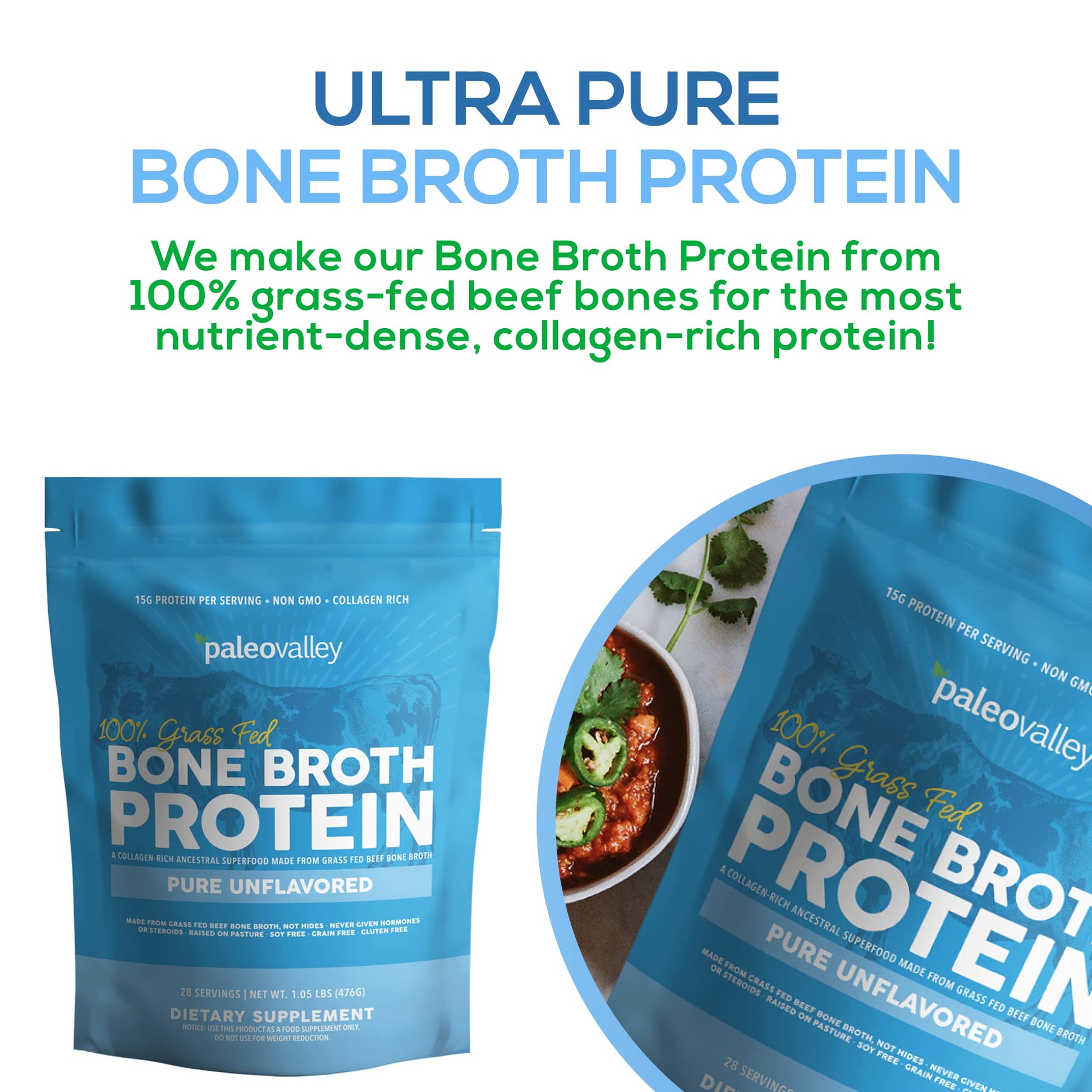 Paleovalley 100% Grass Fed Beef Bone Broth Protein Powder - Rich in Collagen Peptides - AB Mystery