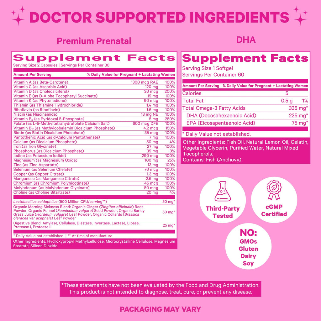 Pink Stork Premium Prenatal Duo: Premium Prenatal Vitamin + DHA, Prenatal Probiotics for Women Pink Stork