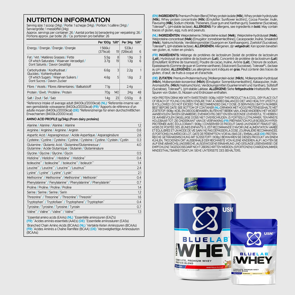 USN Blue Lab Whey Protein Powder: Wheytella - Whey Protein 908g - Post-Workout USN