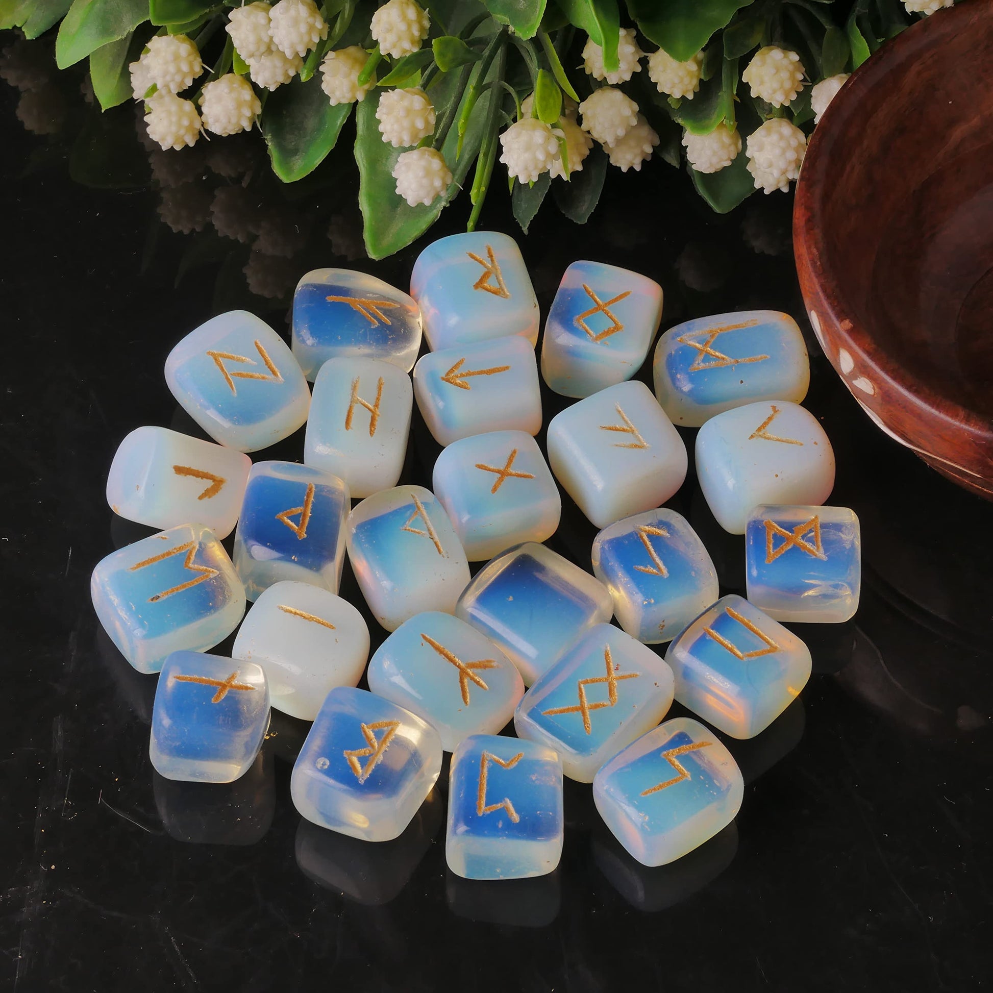 Opalite Rune Stone - Rune Set - Engraved Elder Futhark Alphabet Symbols - Witchcraft Crystals - AB Mystery