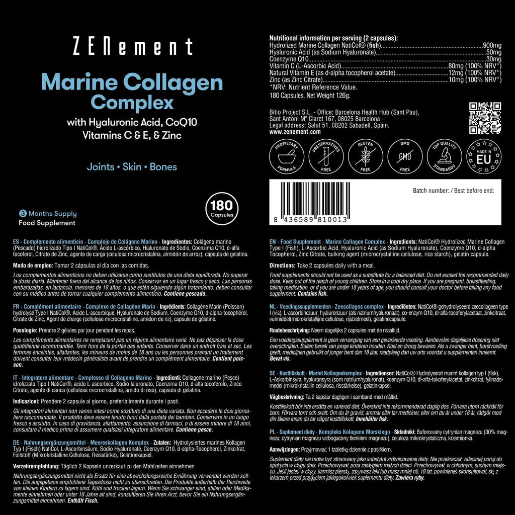 Marine Collagen Complex, with Hyaluronic Acid, CoQ10, Vitamins C & E, & Zinc, 180 Capsules - AB Mystery