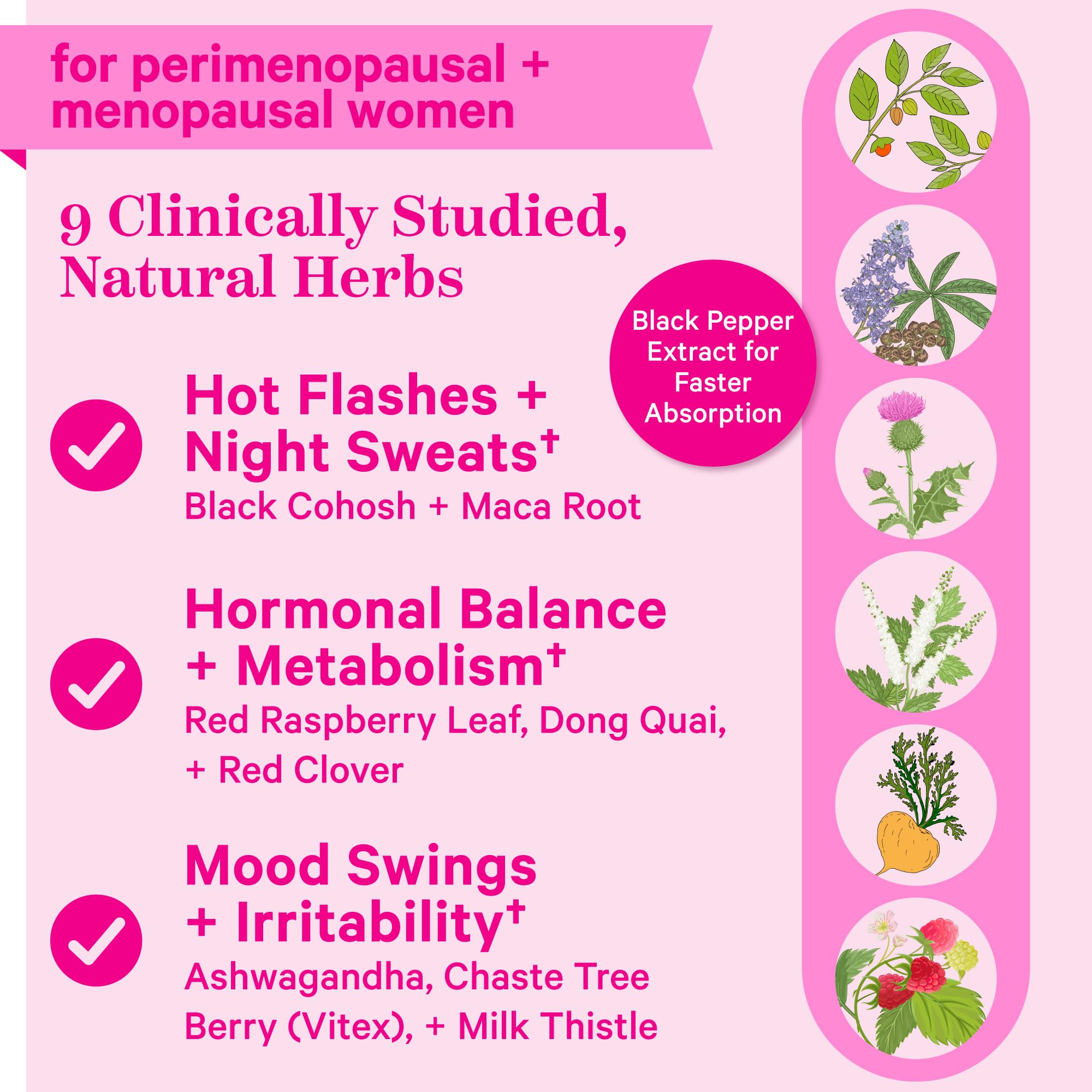 Pink Stork Menopause Supplements for Women - 9 Clinically-Studied Herbs for Perimenopause - AB Mystery