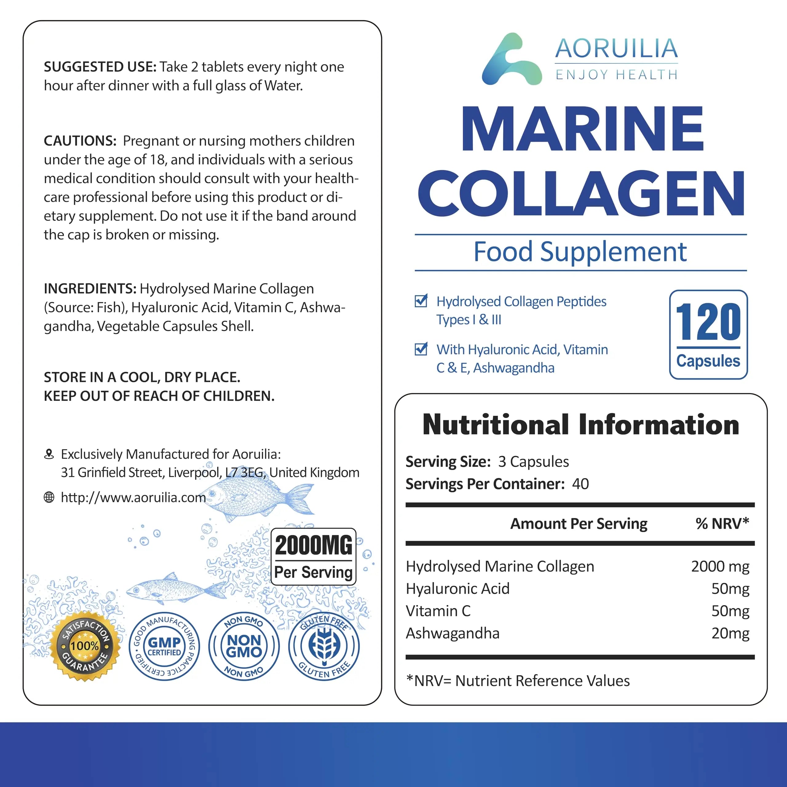 Marine Collagen Supplements for Women Men 2000mg 120 Capsules Hyaluronic Acid, Vitamin C, Vitamin E, & Ashwagandha Aoruilia