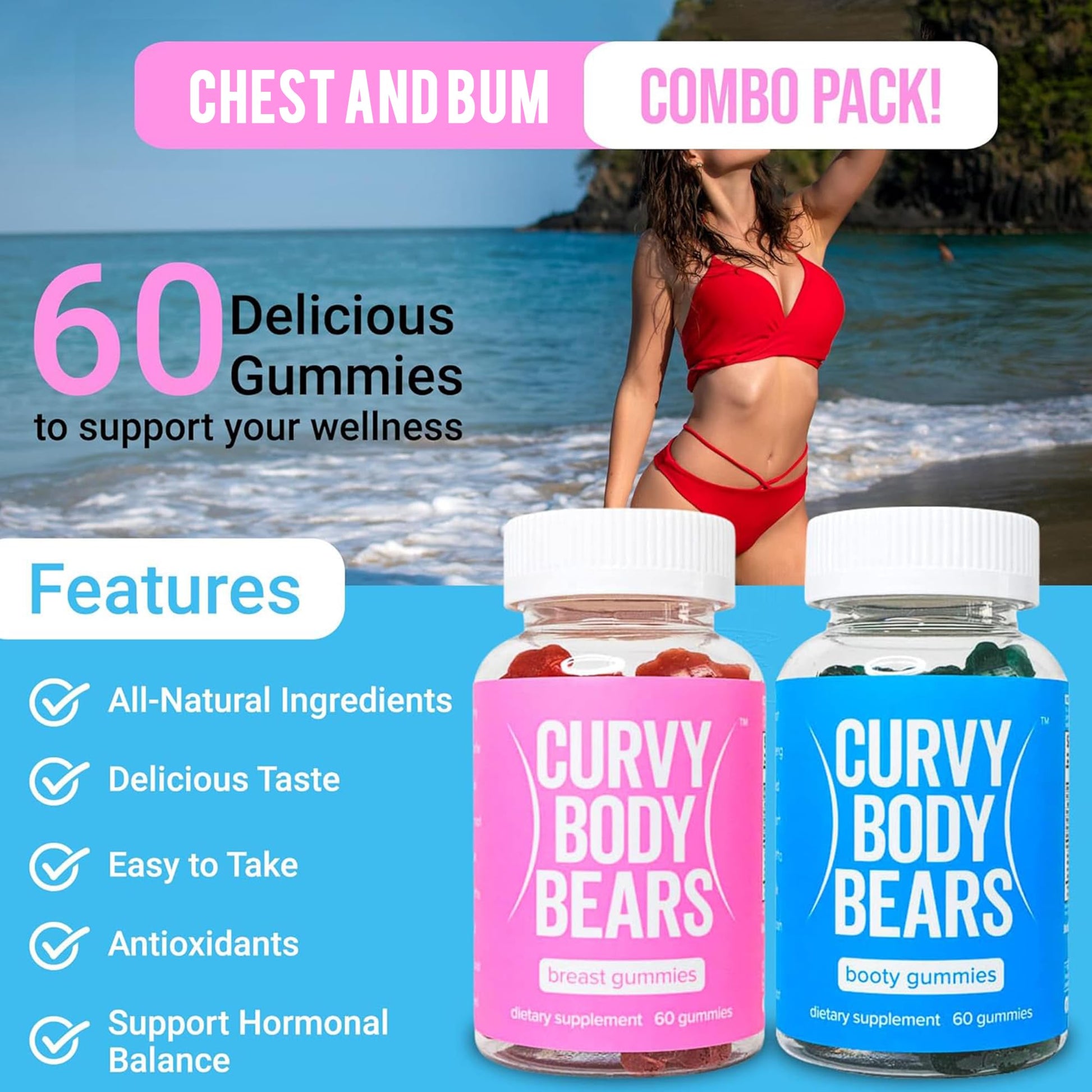 Curvy Body Bears Gummies Combo Pack - Chest and Bum Gummies - Workout Aid - AB Mystery