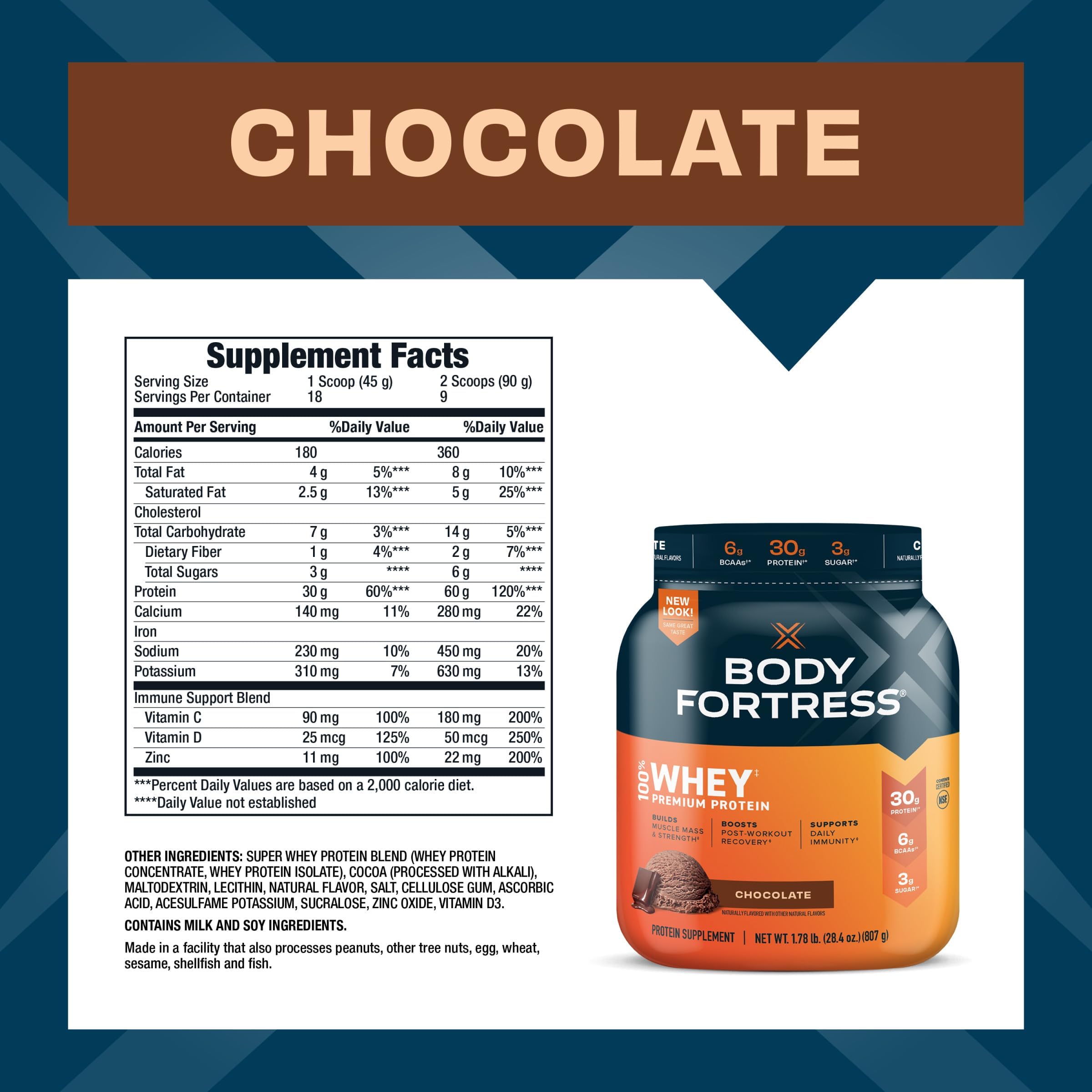 Body Fortress 100% Whey, Premium Protein Powder, Chocolate, 1.78lbs, Packaging May - AB Mystery