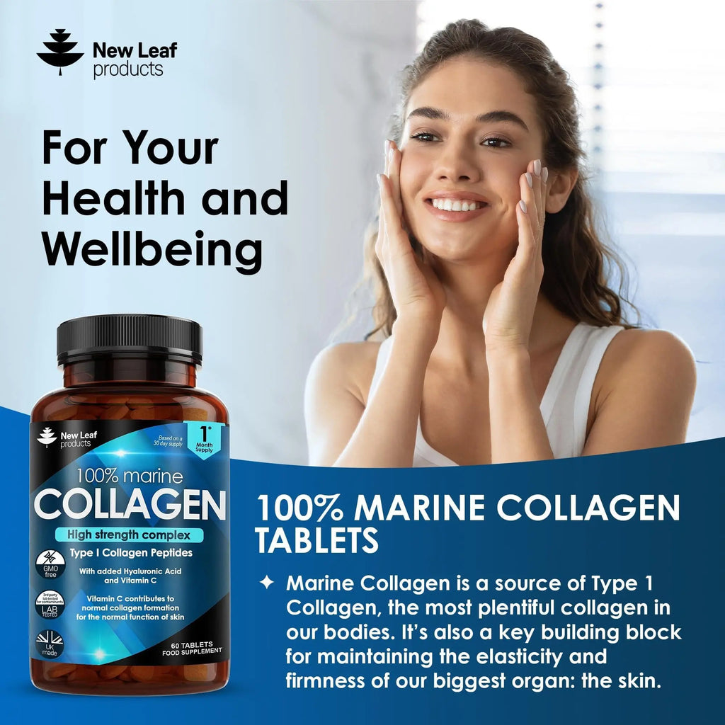 Pure Marine Collagen 100% Marine Collagen Type 1 1500mg - Hydrolysed Collagen Peptides Enhanced with Hyaluronic Acid & Vitamin C NEW LEAF PRODUCTS