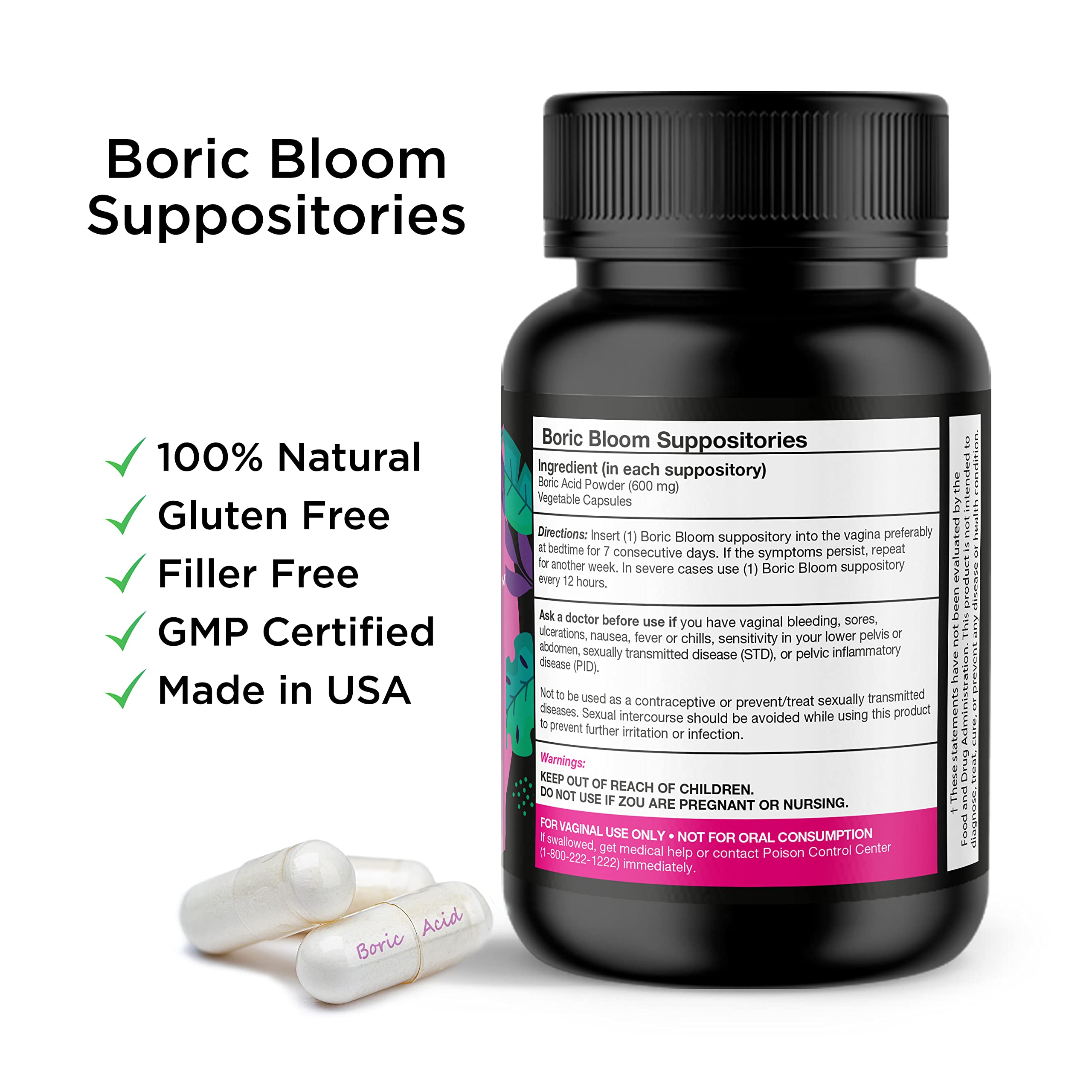 Boric Acid Suppositories - Vaginial Suppository Bacterial Vaginosis, pH Balance for Women Pills - AB Mystery