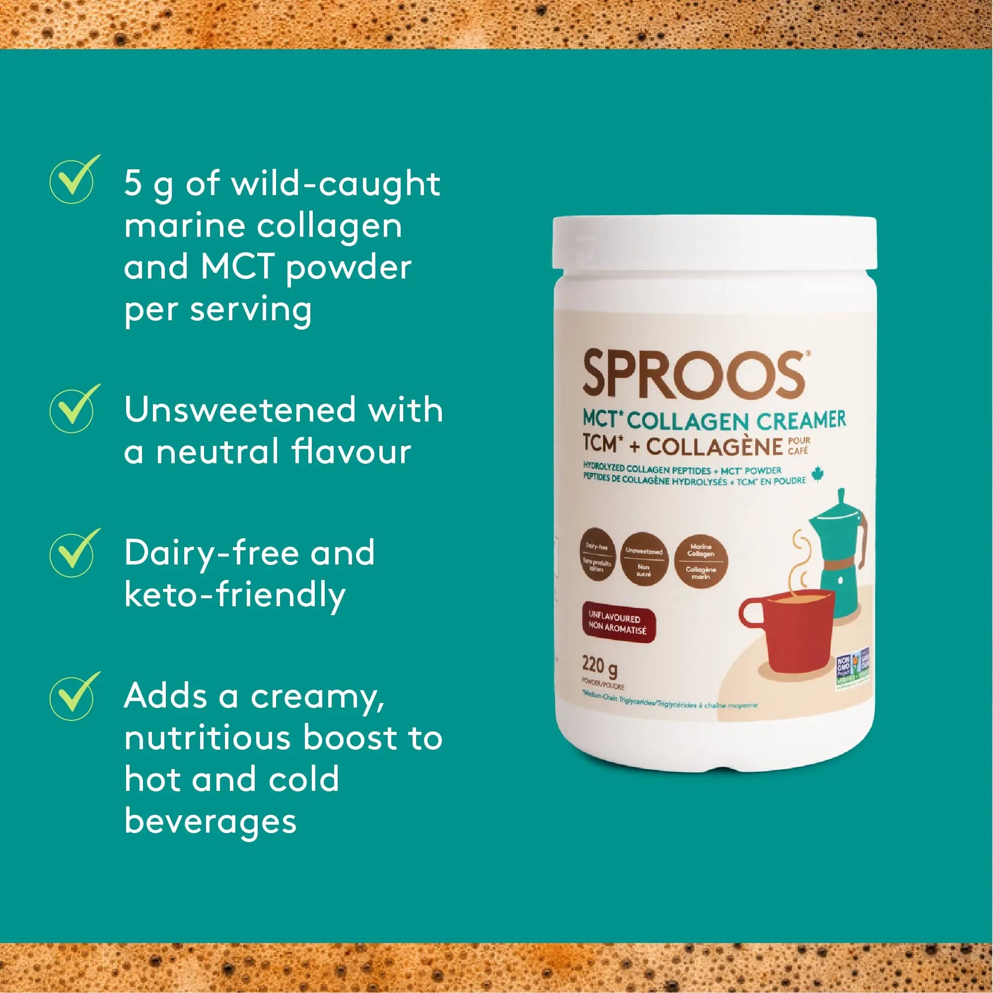 SPROOS - MCT Collagen Creamer - Beverage Powder - Hydrolised Collagen Peptides & MCT Powder - Healthy Fats SPROOS