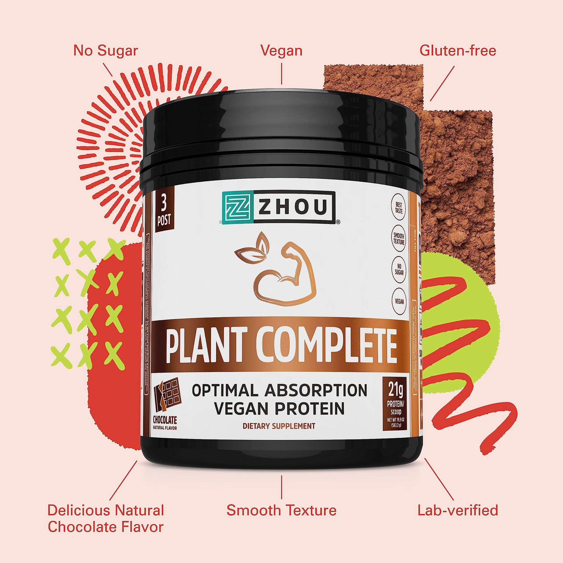 Zhou Nutrition Plant Based Vegan Protein Powder, Best Absorption Digest Score, Complete - AB Mystery