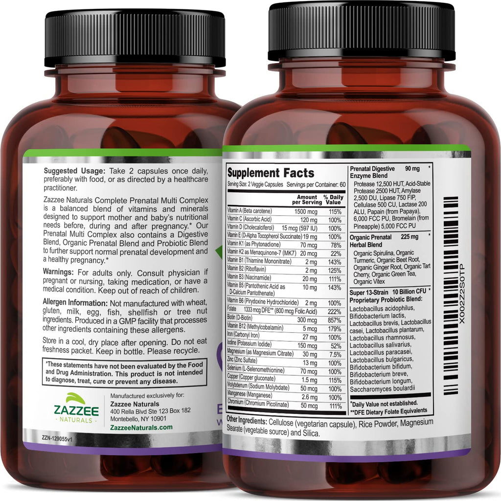 Zazzee Extra Strength Complete Prenatal Multi Complex, 120 Vegan Capsules, 2 Month Supply Zazzee