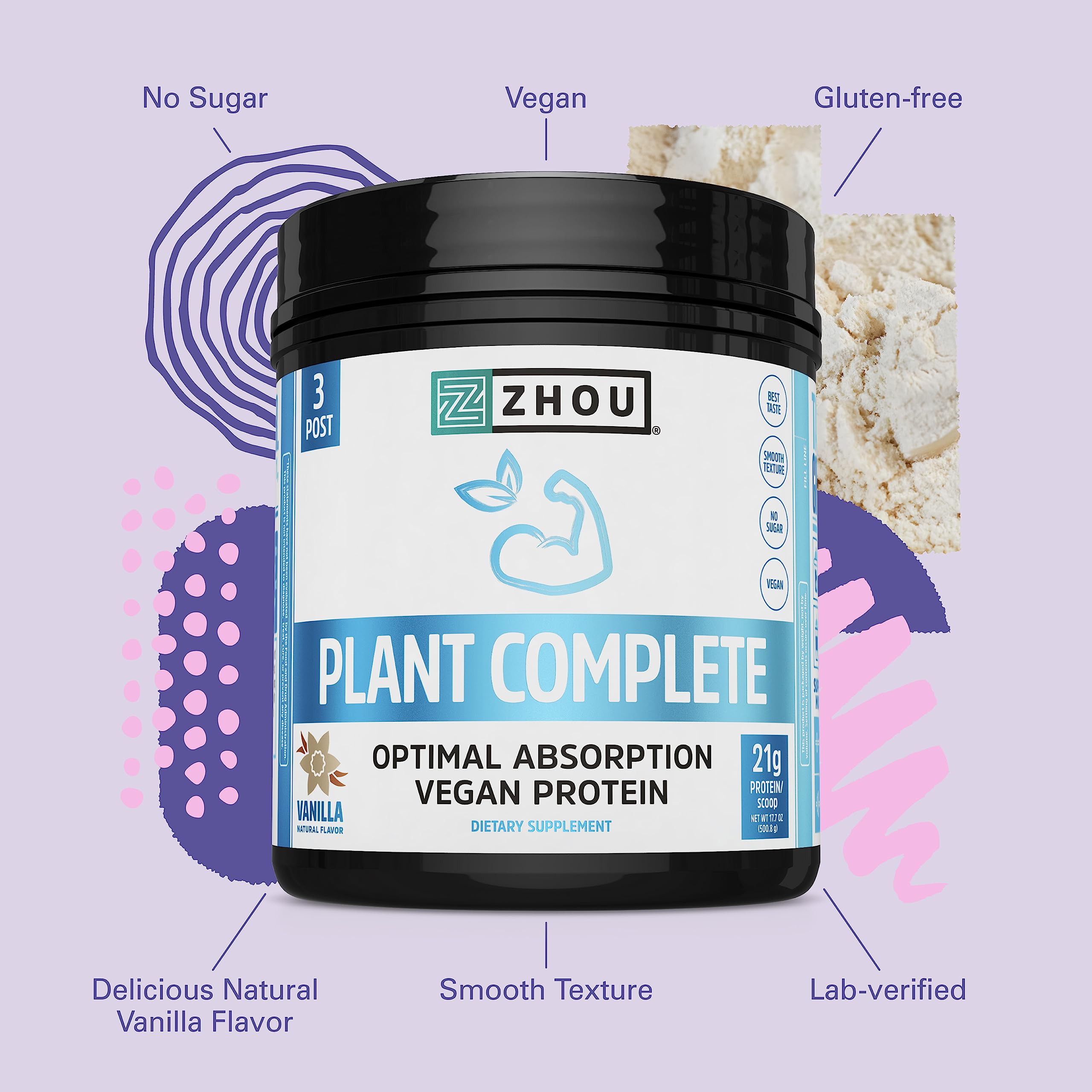 Zhou Nutrition Plant Based Vegan Protein Powder, Best Absorption Digest Score, Complete - AB Mystery