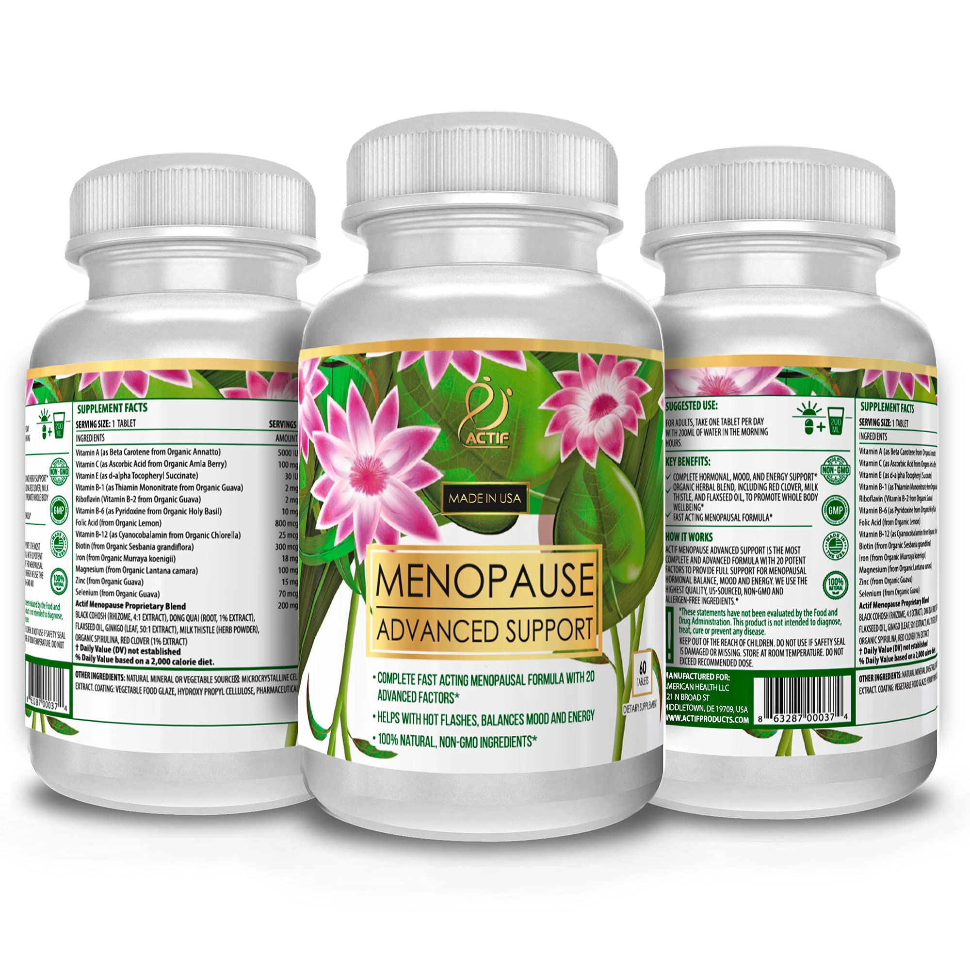 Actif Menopause Advanced Support with 20+ Organic Vitamins and Herbs - Relieves Hot Flashes, Night Sweats - AB Mystery