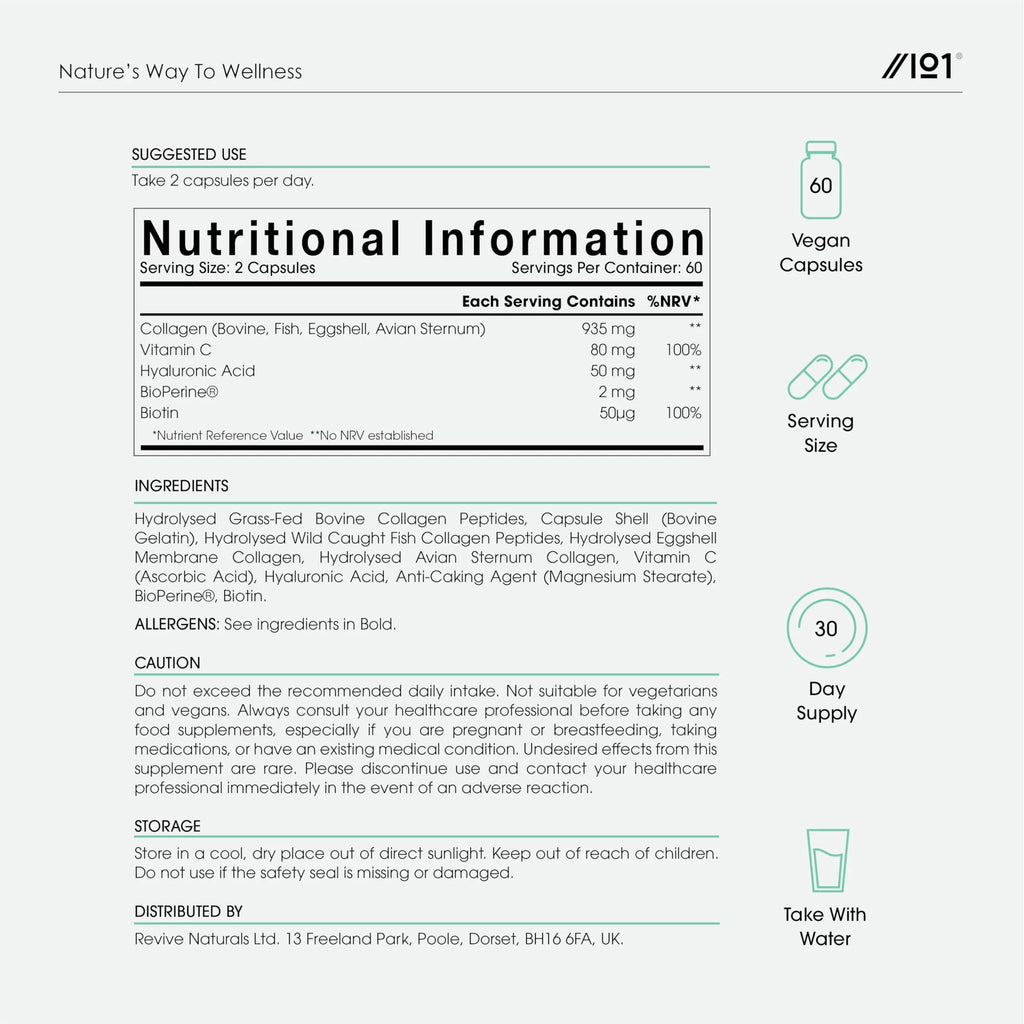 Multi Collagen Capsules - 120 Capsules - Types I, II, III, V & X - Wild Caught Fish, Grass Fed Bovine, Eggshell Revive Naturals