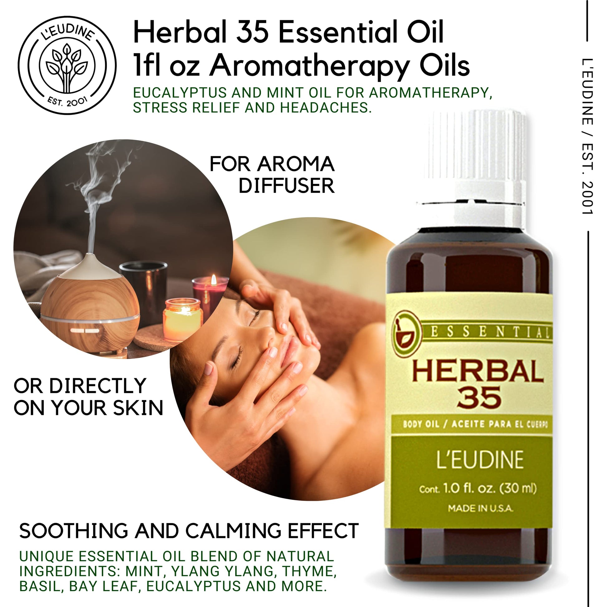 L'eudine Herbal 35 Essential Oil, Soothing and Calming Eucalyptus Essential Oil, Powerful Blend - AB Mystery