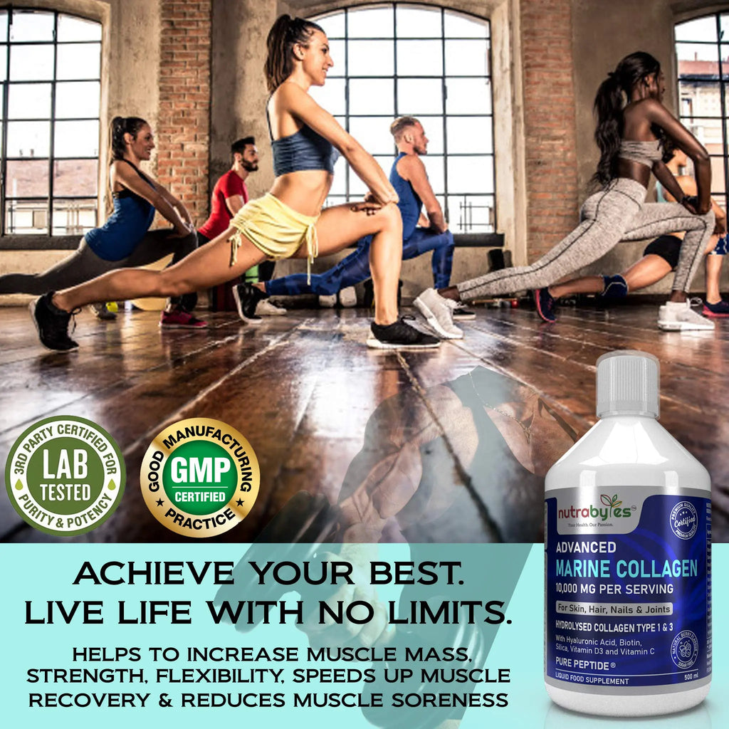 Marine Collagen Liquid 10000mg Sugar Free, Hydrolysed Peptides | Hyaluronic Acid, Biotin, Silica, Vitamin C, Vitamin D3 NUTRABYTES