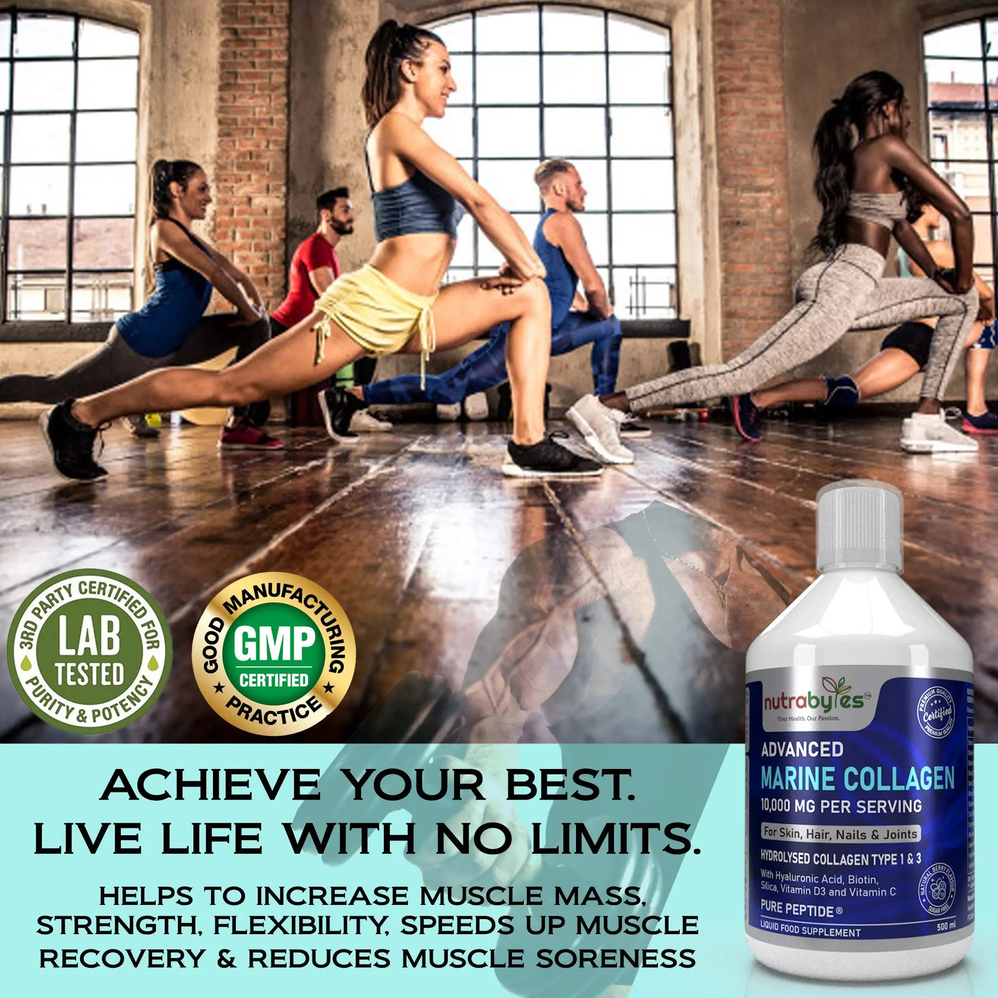 Marine Collagen Liquid 10000mg Sugar Free, Hydrolysed Peptides | Hyaluronic Acid, Biotin, Silica, Vitamin C, Vitamin D3 NUTRABYTES