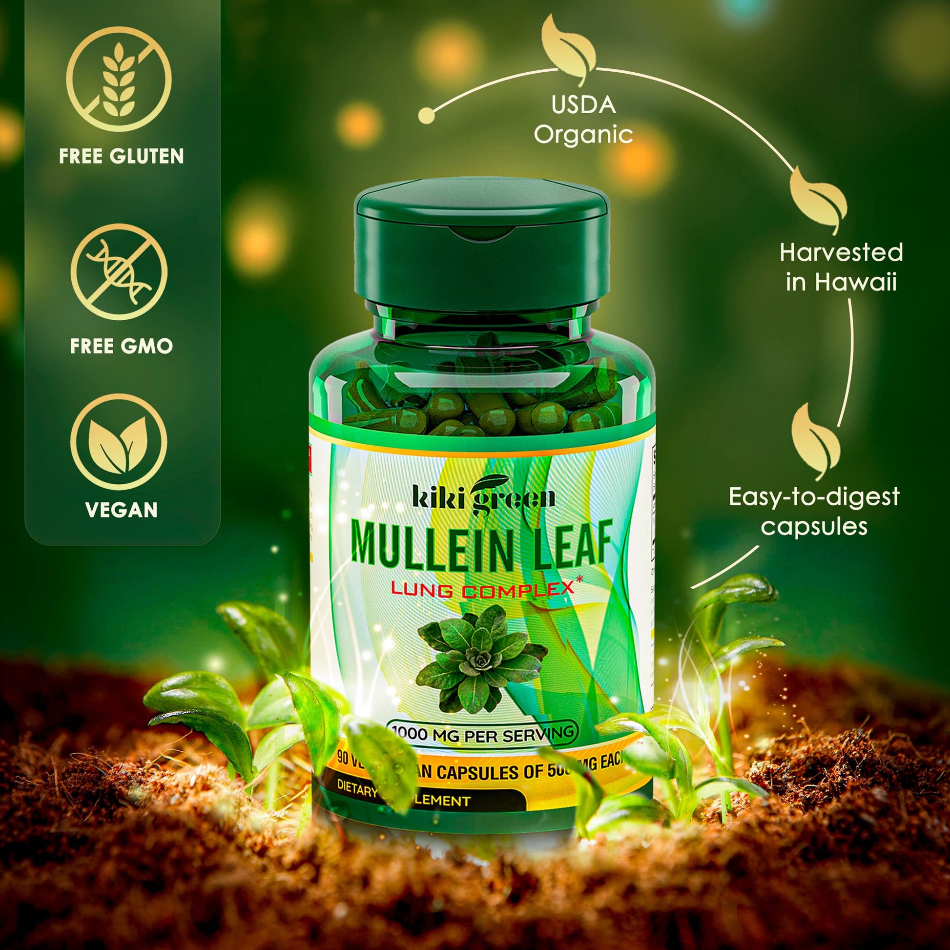 KIKI Green Mullein Leaf Extract Capsules - Herbal Respiratory Supplement - for Lung Cleans - AB Mystery