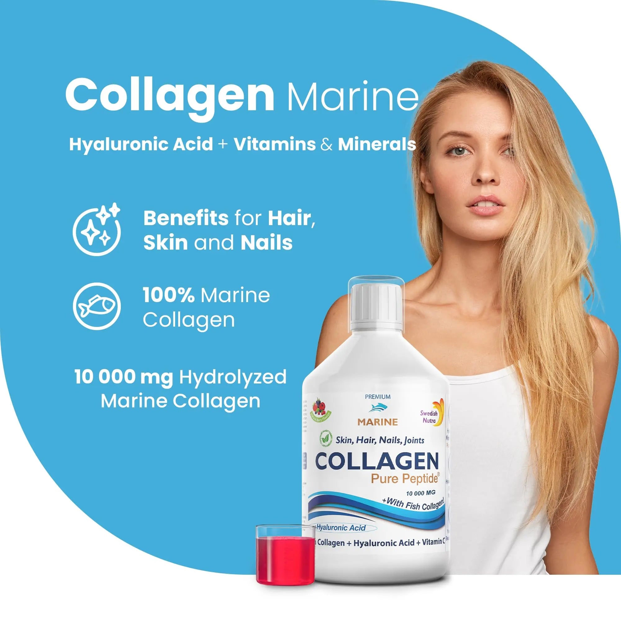 Marine Liquid Collagen 10000mg 500 ml I Pure Hydrolyzed Collagen Peptides Swedish Nutra