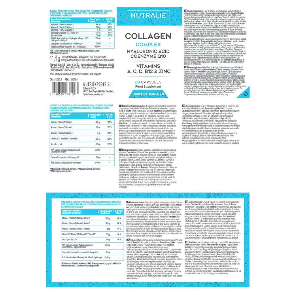 Collagen + Hyaluronic Acid + Q10 Hydrolysed Collagen Women Men + Vitamins A C D B12 Zinc NUTRALIE