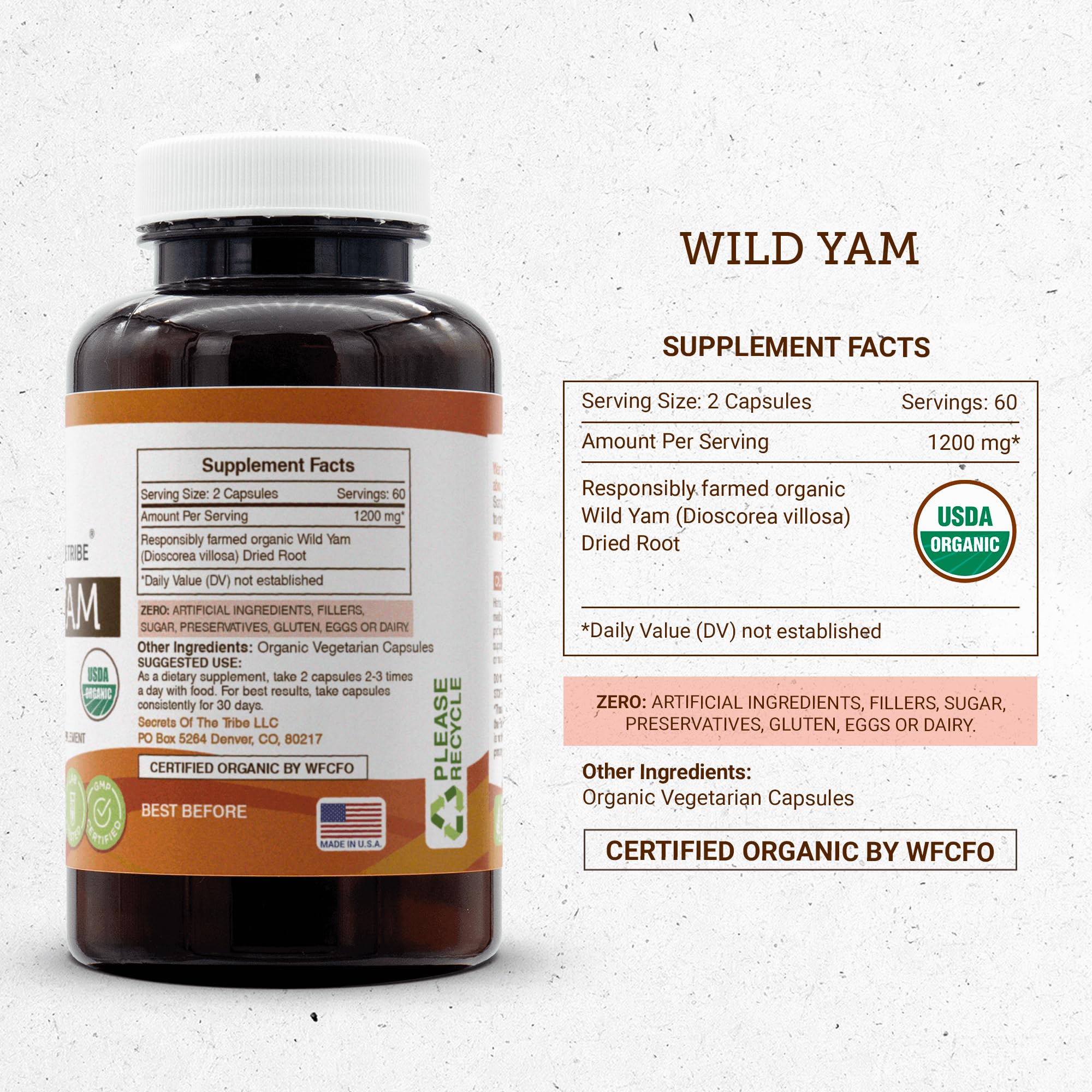 Secrets of the Tribe Wild Yam Capsules 1200 mg Responsibly farmed USDA Organic Wild Yam - AB Mystery