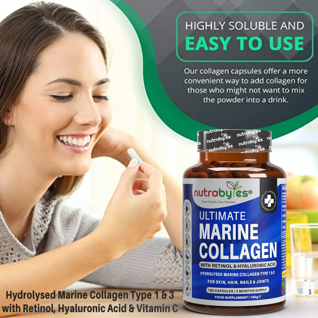 High Strength Marine Collagen with Hyaluronic Acid, Retinol and Vitamin C | 180 Capsules - 3 Months Supply - AB Mystery
