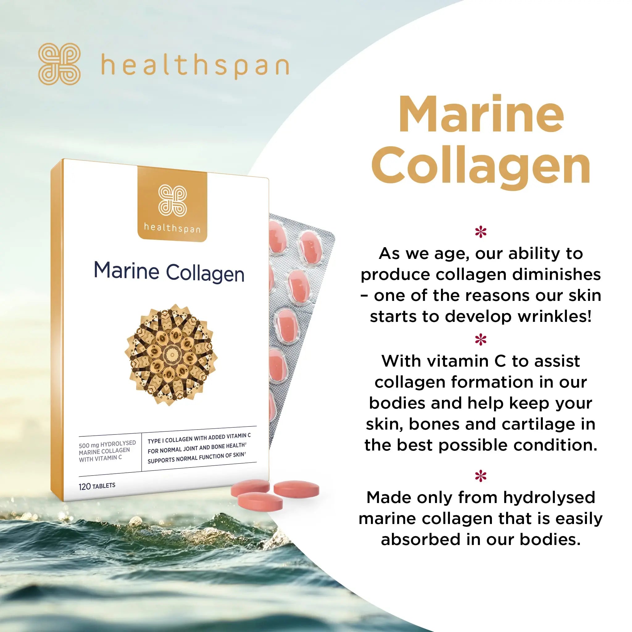 Healthspan Marine Collagen 500mg (120 Tablets) | Hydrolysed Type I Marine Collagen healthspan