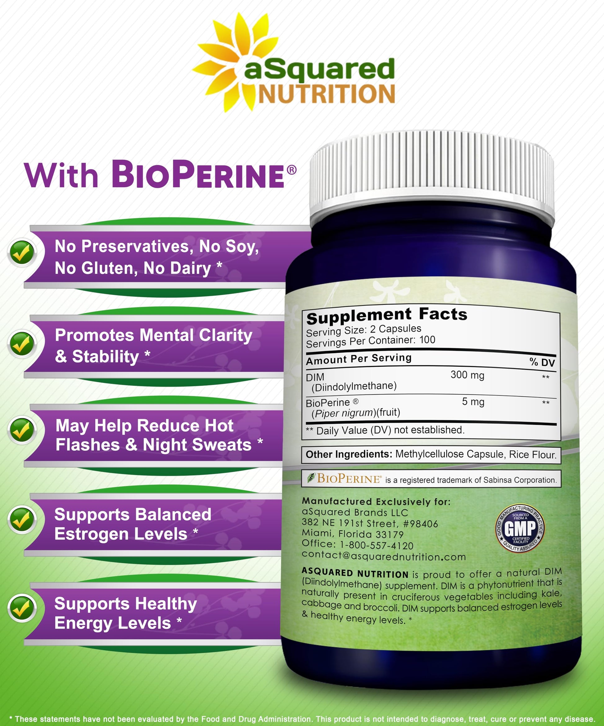 aSquared Nutrition DIM Supplement 300mg Plus BioPerine - 200 Veggie Capsules - Diindolylmethane DIM Max - AB Mystery