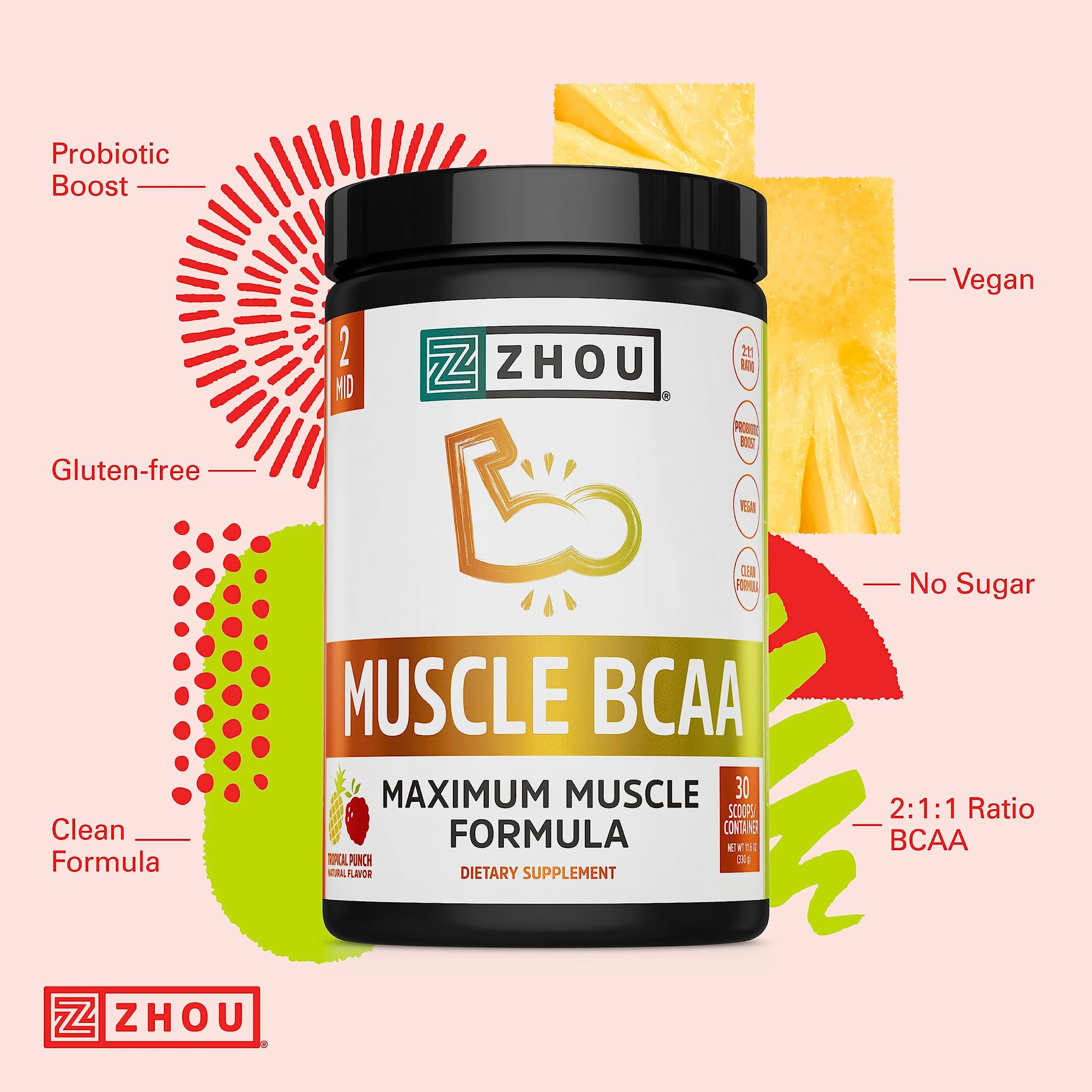 Zhou Nutrition Muscle BCAA Powder, Vegan Muscle Recovery, Natural, Clean Formula - AB Mystery