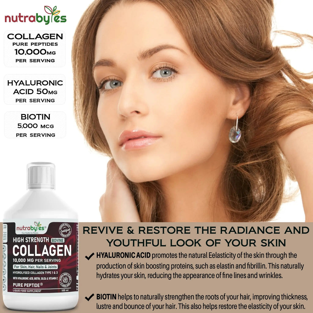 Collagen Liquid 10000mg, Hydrolysed Peptides | Hyaluronic Acid, Biotin, Silica, Vitamin C, Vitamin B12 NUTRABYTES