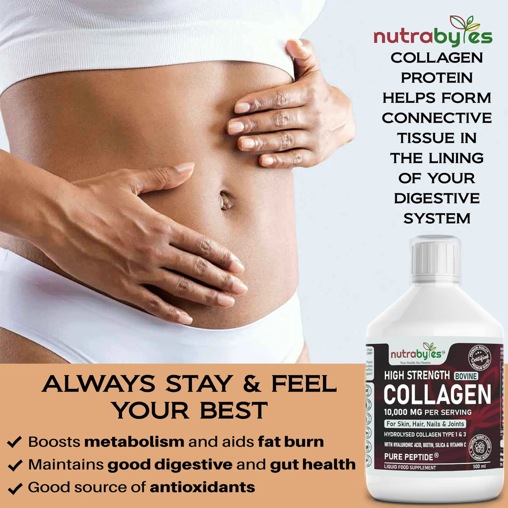 Collagen Liquid 10000mg, Hydrolysed Peptides | Hyaluronic Acid, Biotin, Silica, Vitamin C, Vitamin B12 NUTRABYTES