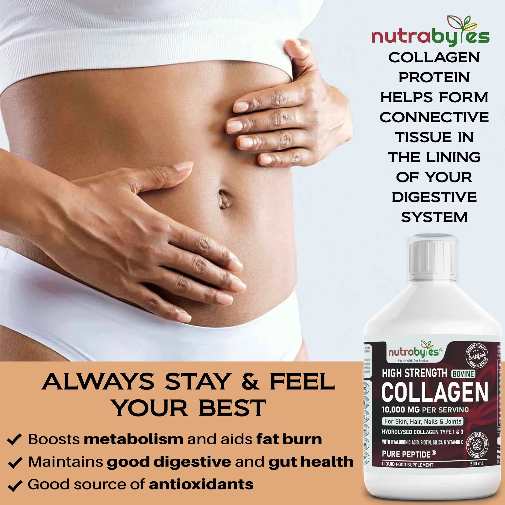 Collagen Liquid 10000mg, Hydrolysed Peptides | Hyaluronic Acid, Biotin, Silica, Vitamin C, Vitamin B12 NUTRABYTES