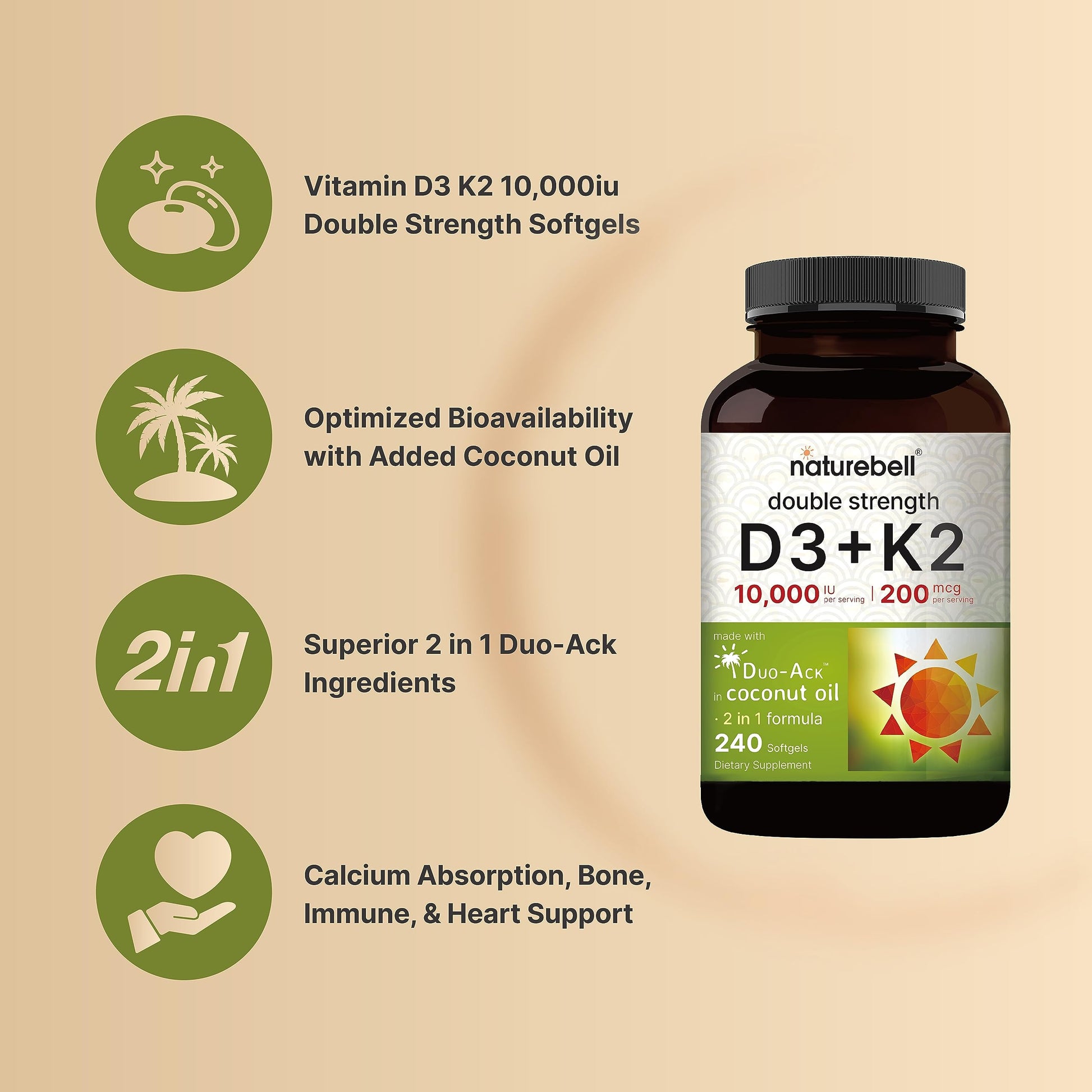 NatureBell Vitamin D3 K2 (10,000 IU Vitamin D + 200mcg Vitamin K MK-7) 240 Softgels - AB Mystery