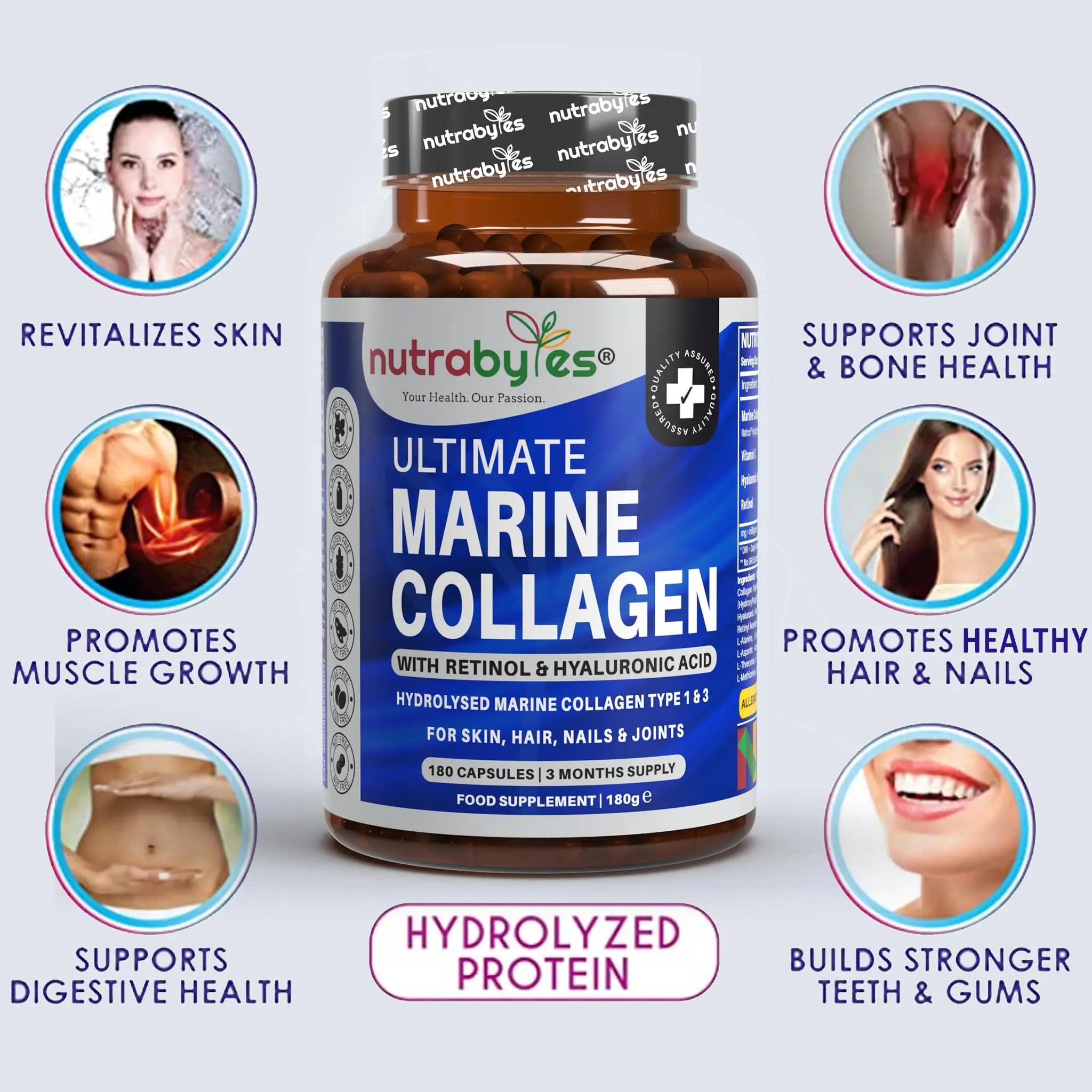 High Strength Marine Collagen with Hyaluronic Acid, Retinol and Vitamin C | 180 Capsules - 3 Months Supply NUTRABYTES