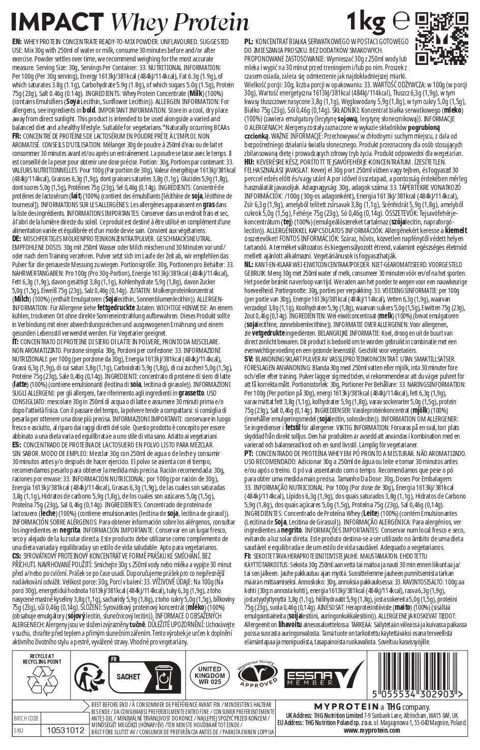 MyProtein Impact Whey Protein - Unflavoured 1kg - 40 Servings Myprotein