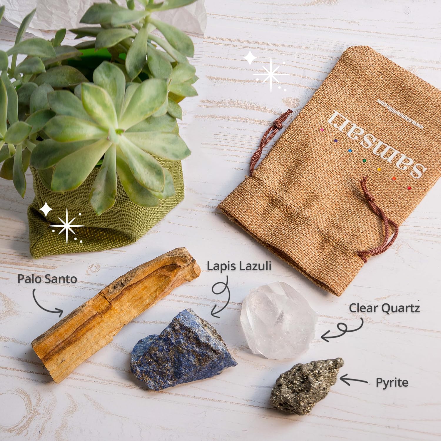 5PCS SAMSARI Abundance XL Crystals Healing Set - (Pyrite, Lapis Lazuli, Clear Quartz), 1 Palo Santo Stick - AB Mystery