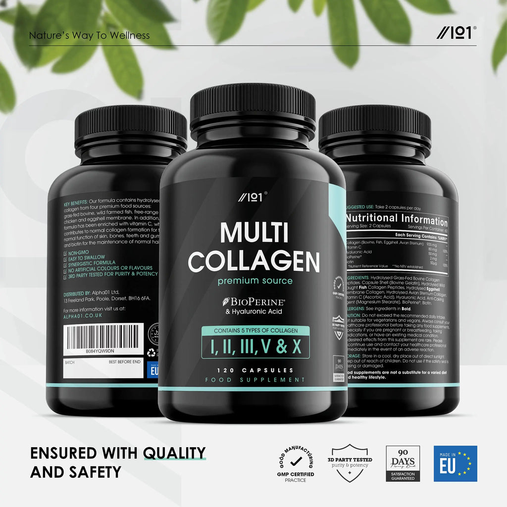 Multi Collagen Capsules - 120 Capsules - Types I, II, III, V & X - Wild Caught Fish, Grass Fed Bovine, Eggshell Revive Naturals