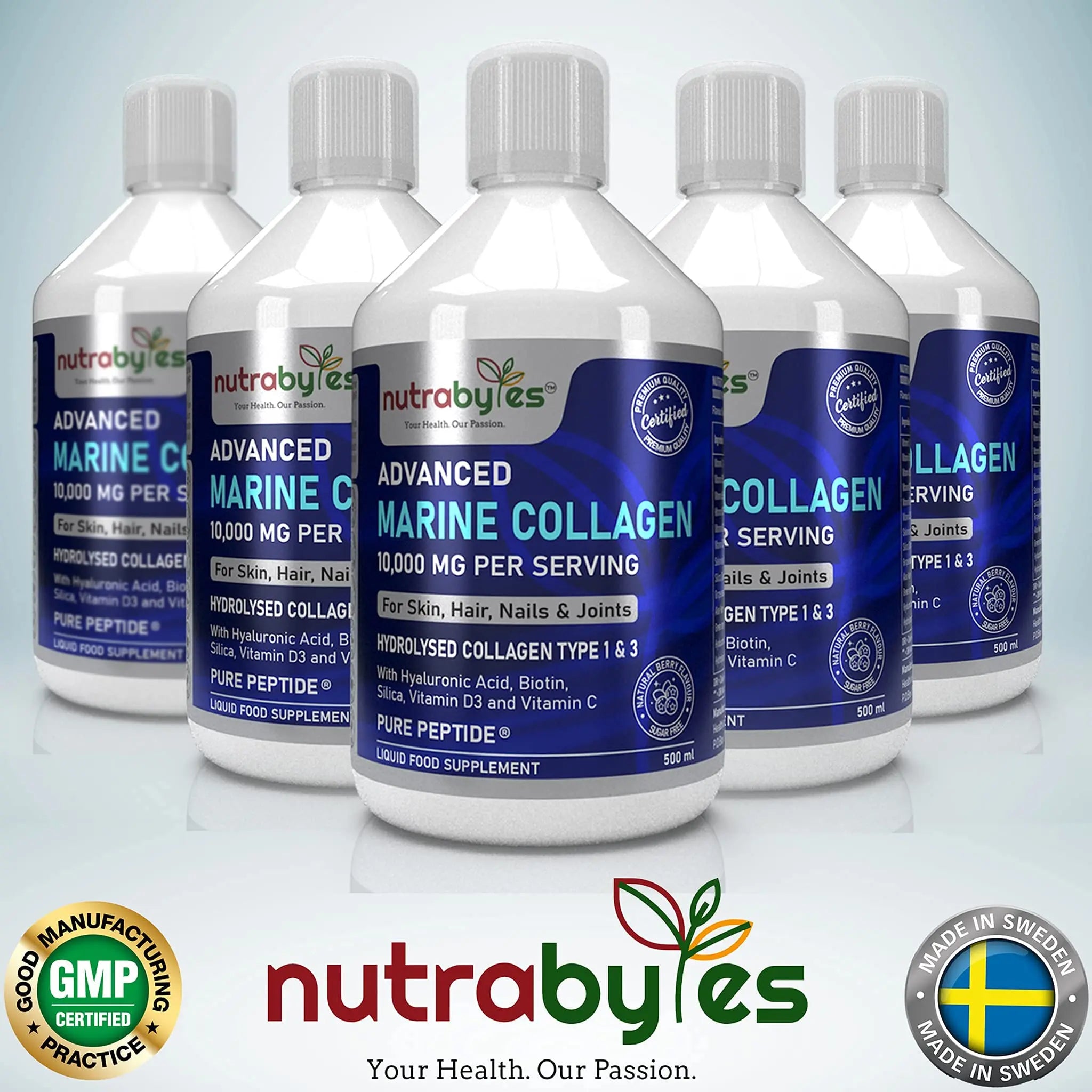 Marine Collagen Liquid 10000mg Sugar Free, Hydrolysed Peptides | Hyaluronic Acid, Biotin, Silica, Vitamin C, Vitamin D3 NUTRABYTES