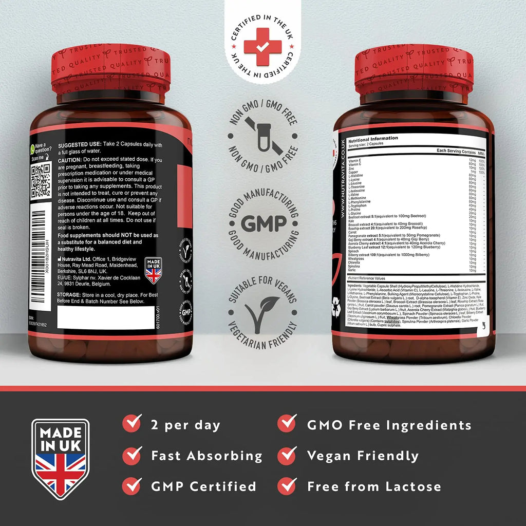 Vegan Collagen 1000mg Advanced Superfood Blend - 180 Capsules (3 Month Supply) Nutravita