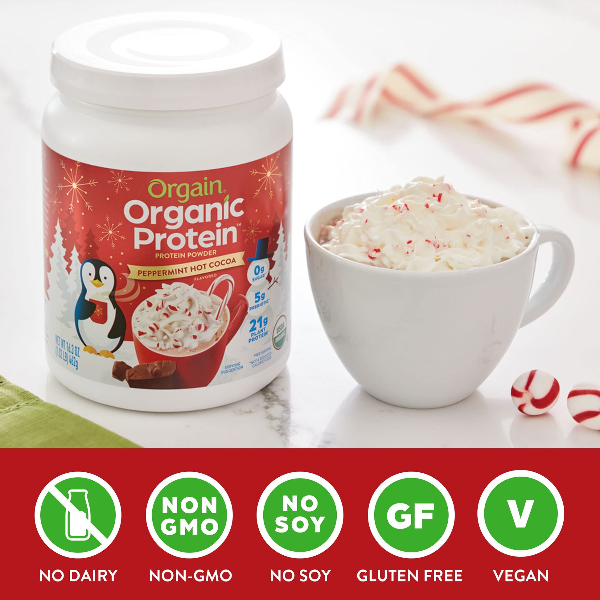 Orgain Organic Vegan Protein Powder, Peppermint Hot Cocoa Seasonal Holiday Flavor - AB Mystery