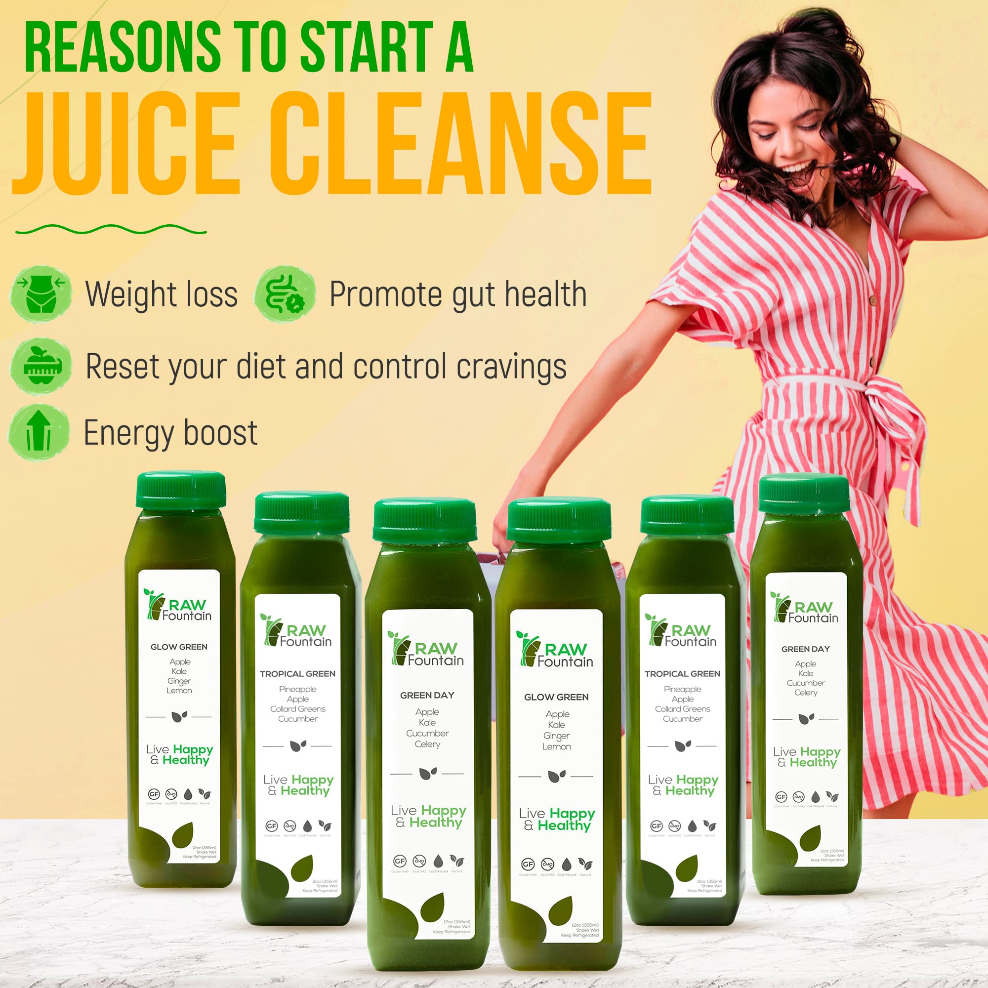 1 Day Green Juice Cleanse by Raw Fountain, All Natural Raw, Vegan Detox, Cold Pressed - AB Mystery