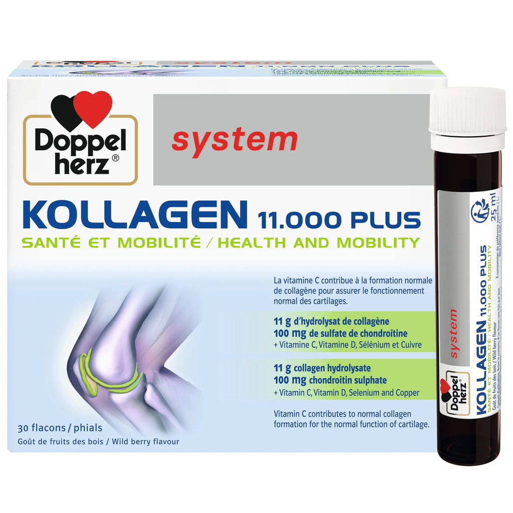 Doppelherz - Kollagen 11000 Plus - Collagen hydrolysate, chondroitin Sulphate, Vitamins C and D and Trace Elements - for Bones, cartilages and tendons - Wild Berry Flavour Liquid- 30 Bottles of 25ml - AB Mystery