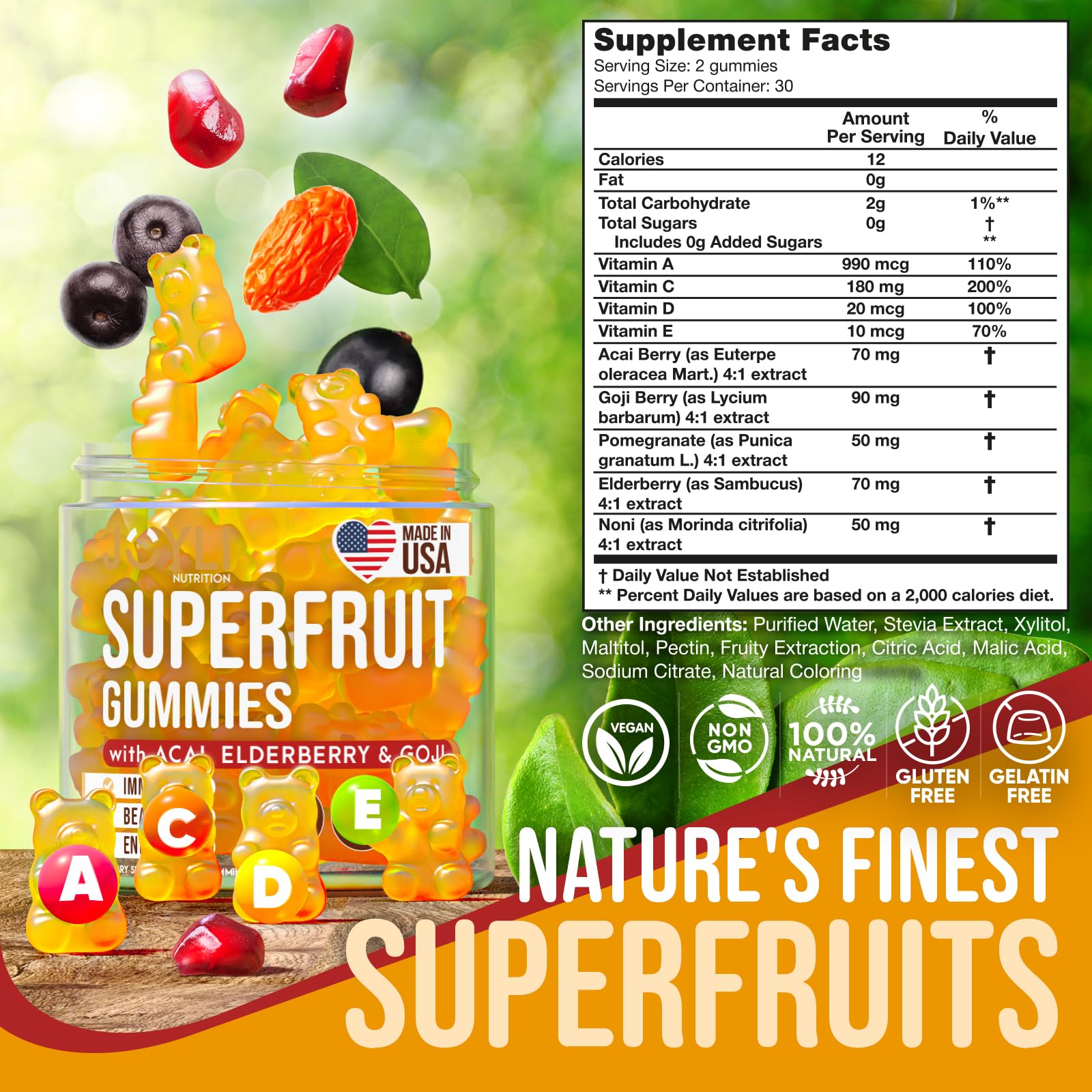 Joyli Superfruit Gummies - Sugar-Free Fruit Multivitamin Gummies for Adults - Natural Gummy Vitamins for Women & Men with Goji, Elderberry, Vitamins A, C, D & E - AB Mystery